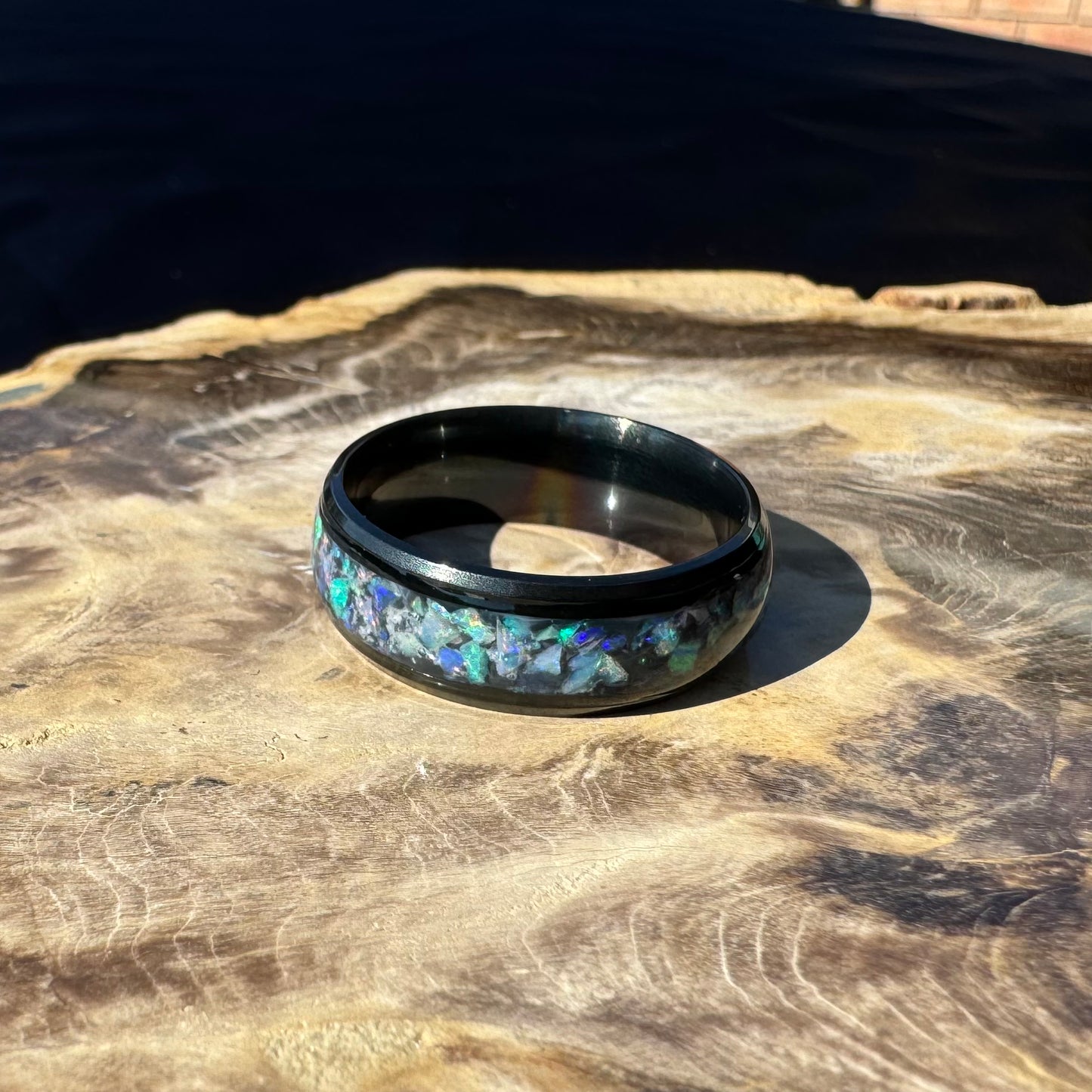 Handmade Australian Opal Ring Black Surgical Steel Size V (10 3/4) - Iona Opal Australia