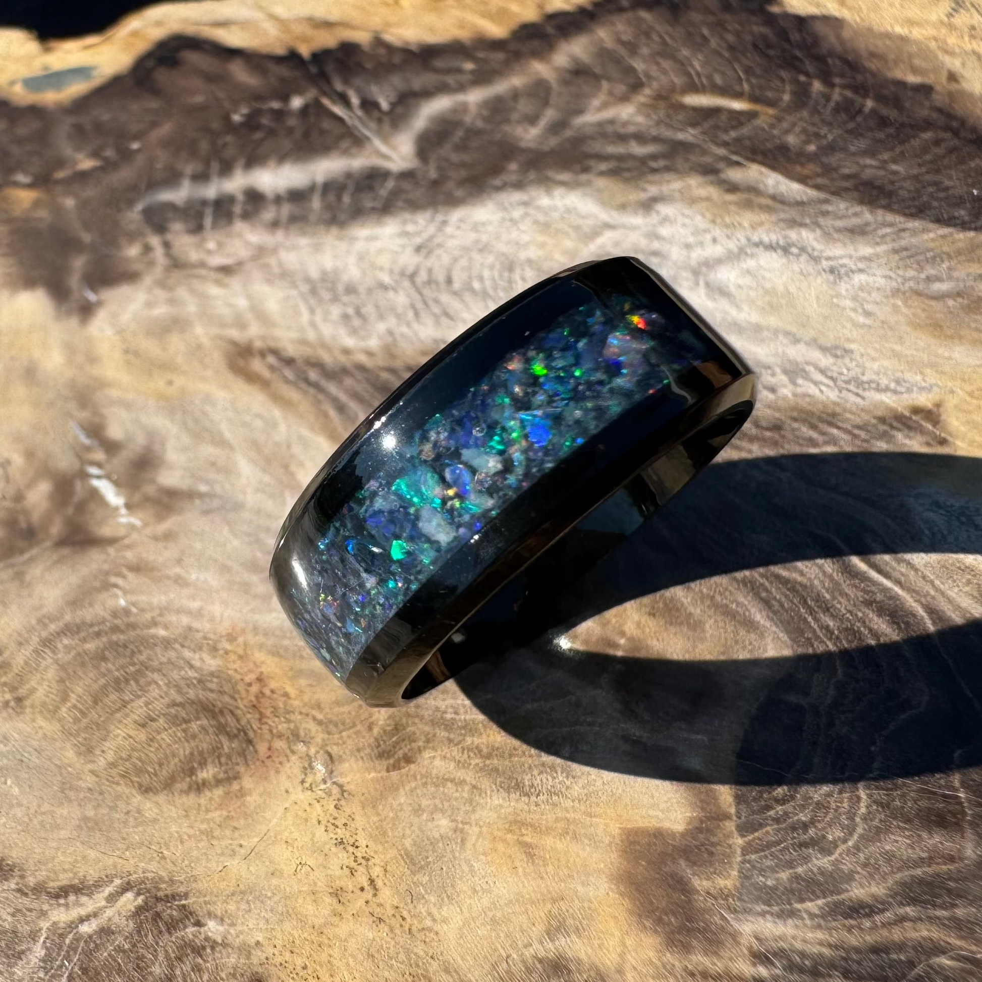 Handmade Australian Opal Ring Black Surgical Steel Size M (6 1/2) - Iona Opal Australia