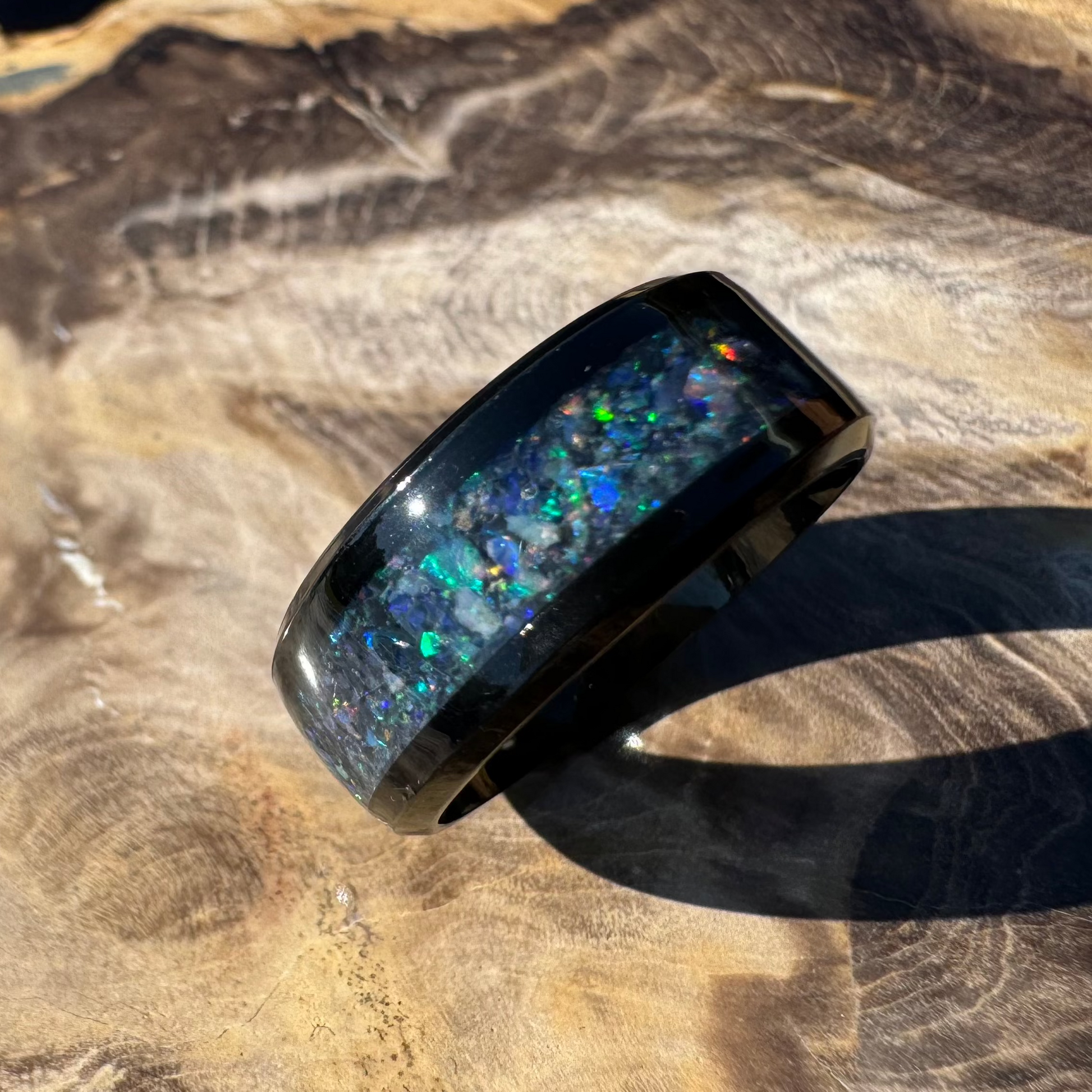 Handmade Australian Opal Ring Black Surgical Steel Size M (6 1/2) - Iona Opal Australia