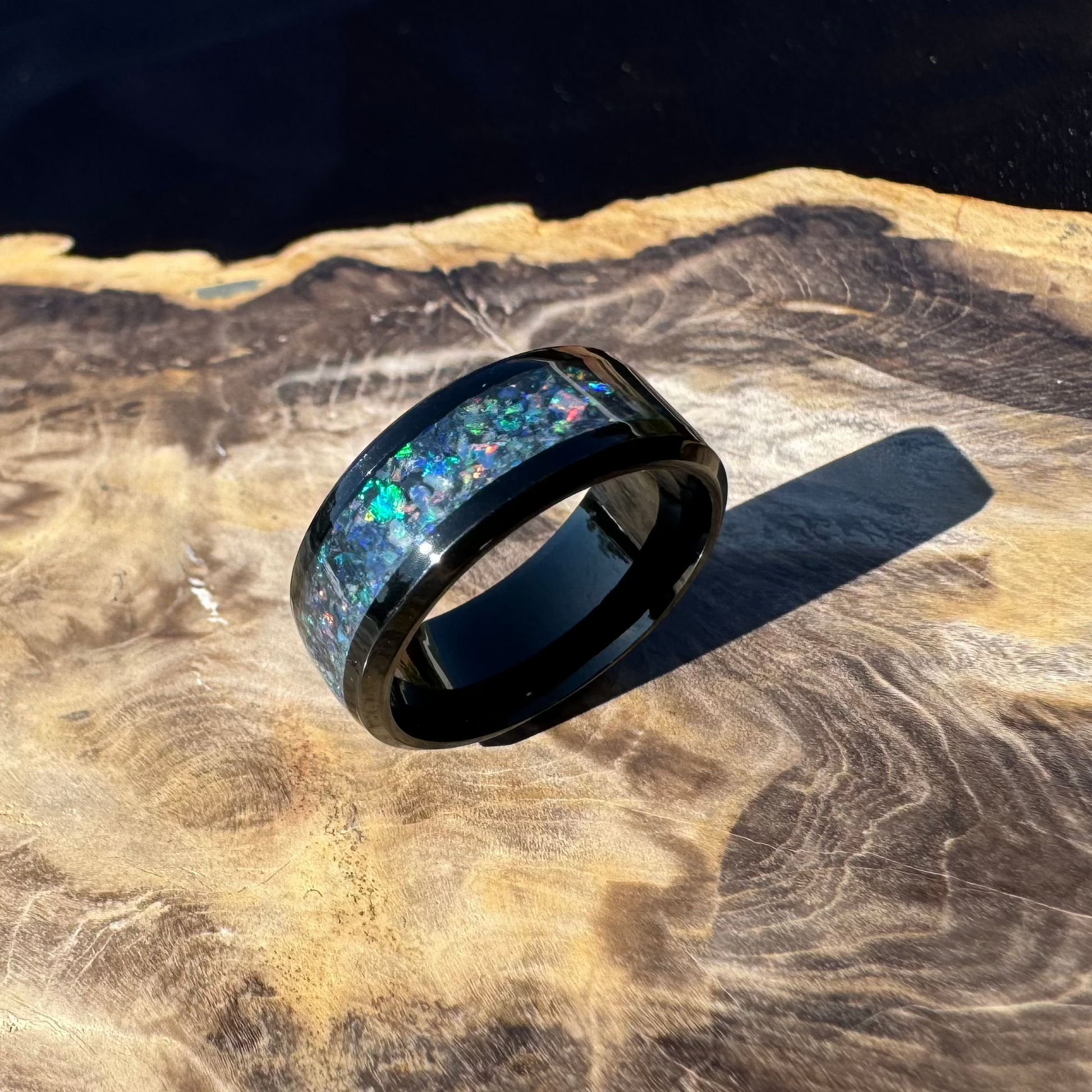 Handmade Australian Opal Ring Black Surgical Steel Size M (6 1/2) - Iona Opal Australia