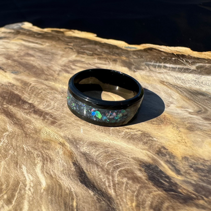 Handmade Australian Opal Ring Black Surgical Steel Size M (6 1/2) - Iona Opal Australia