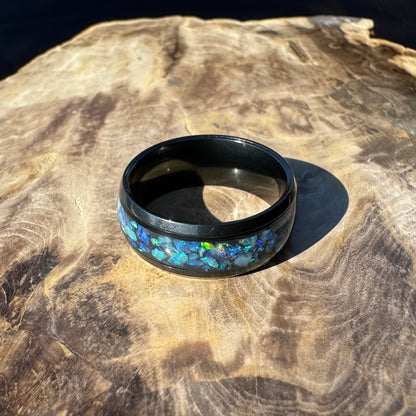 Handmade Australian Opal Ring Black Surgical Steel Size P (7 3/4) - Iona Opal Australia