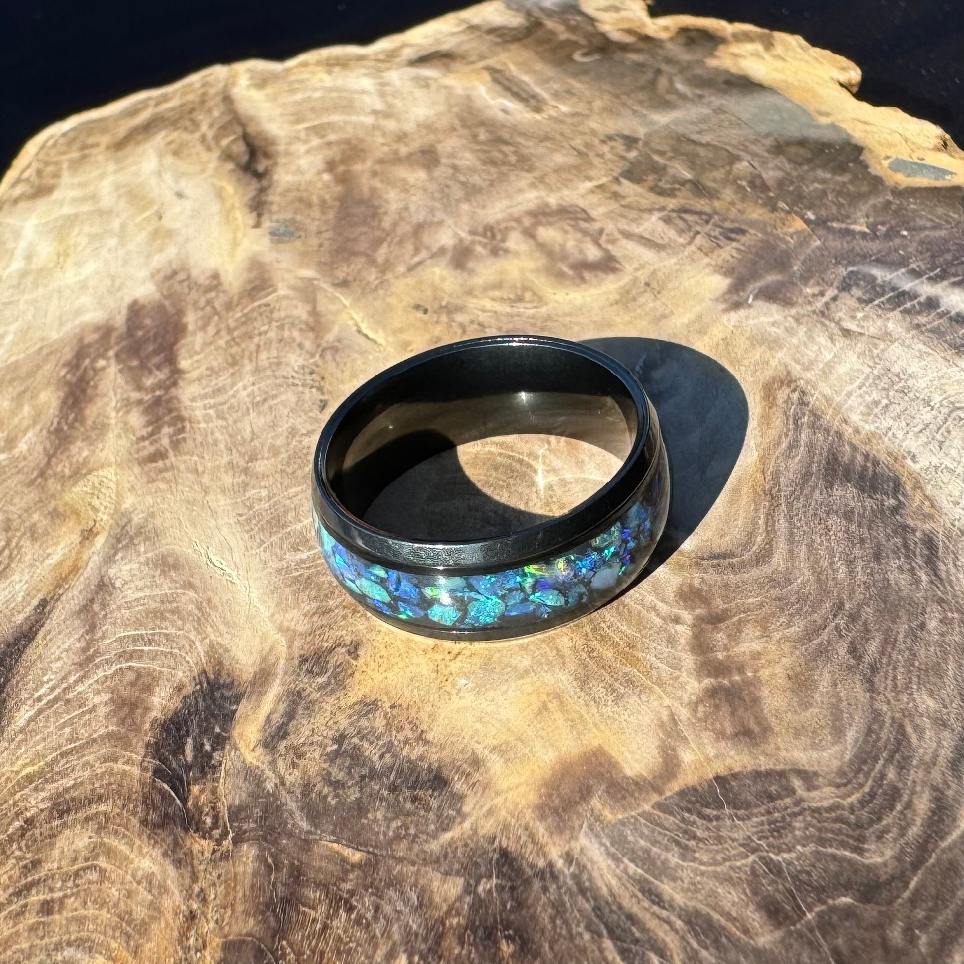 Handmade Australian Opal Ring Black Surgical Steel Size P (7 3/4) - Iona Opal Australia