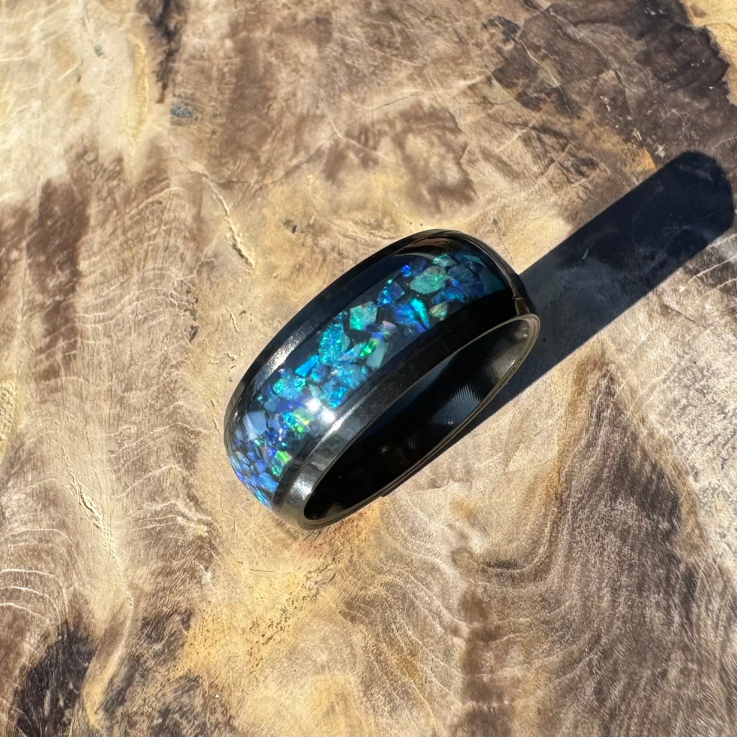 Handmade Australian Opal Ring Black Surgical Steel Size P (7 3/4) - Iona Opal Australia