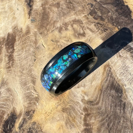 Handmade Australian Opal Ring Black Surgical Steel Size P (7 3/4) - Iona Opal Australia