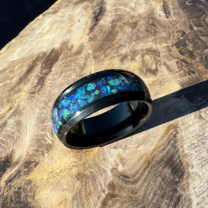 Handmade Australian Opal Ring Black Surgical Steel Size P (7 3/4) - Iona Opal Australia