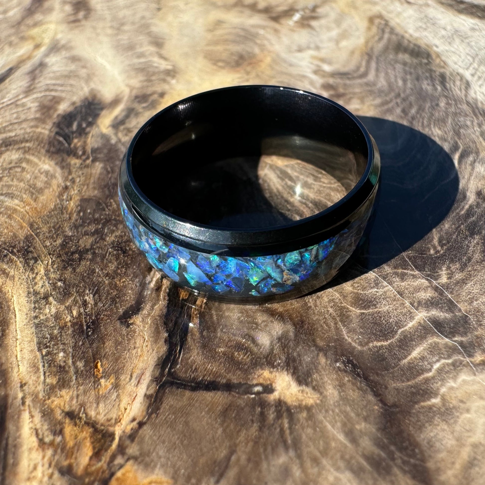 Handmade Australian Opal Ring Black Surgical Steel Size P (7 3/4) - Iona Opal Australia