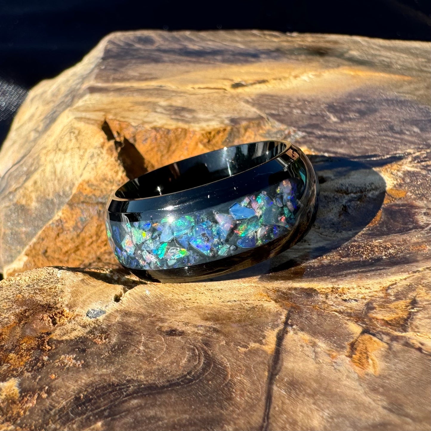 Handmade Australian Opal Ring Black Surgical Steel Size K (5 1/2) - Iona Opal Australia