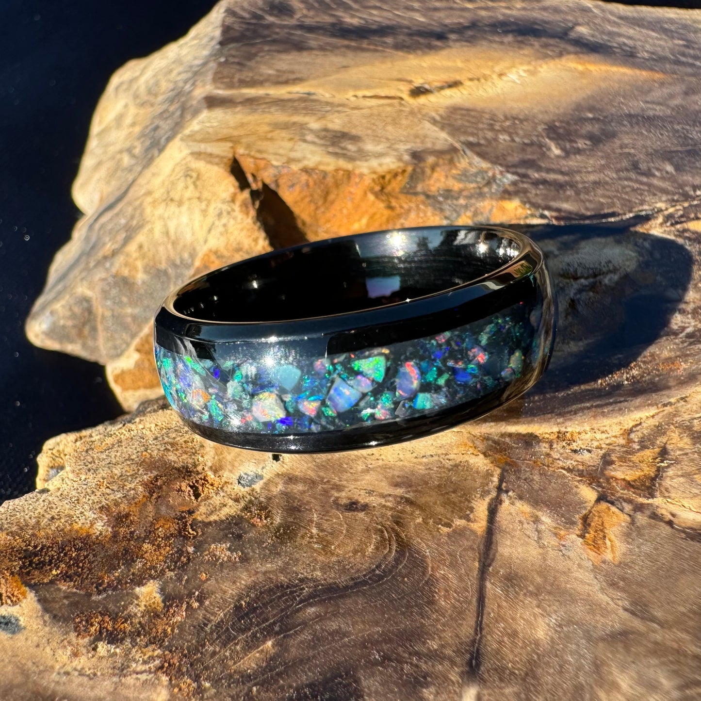 Handmade Australian Opal Ring Black Surgical Steel Size Z (12 3/4) - Iona Opal Australia