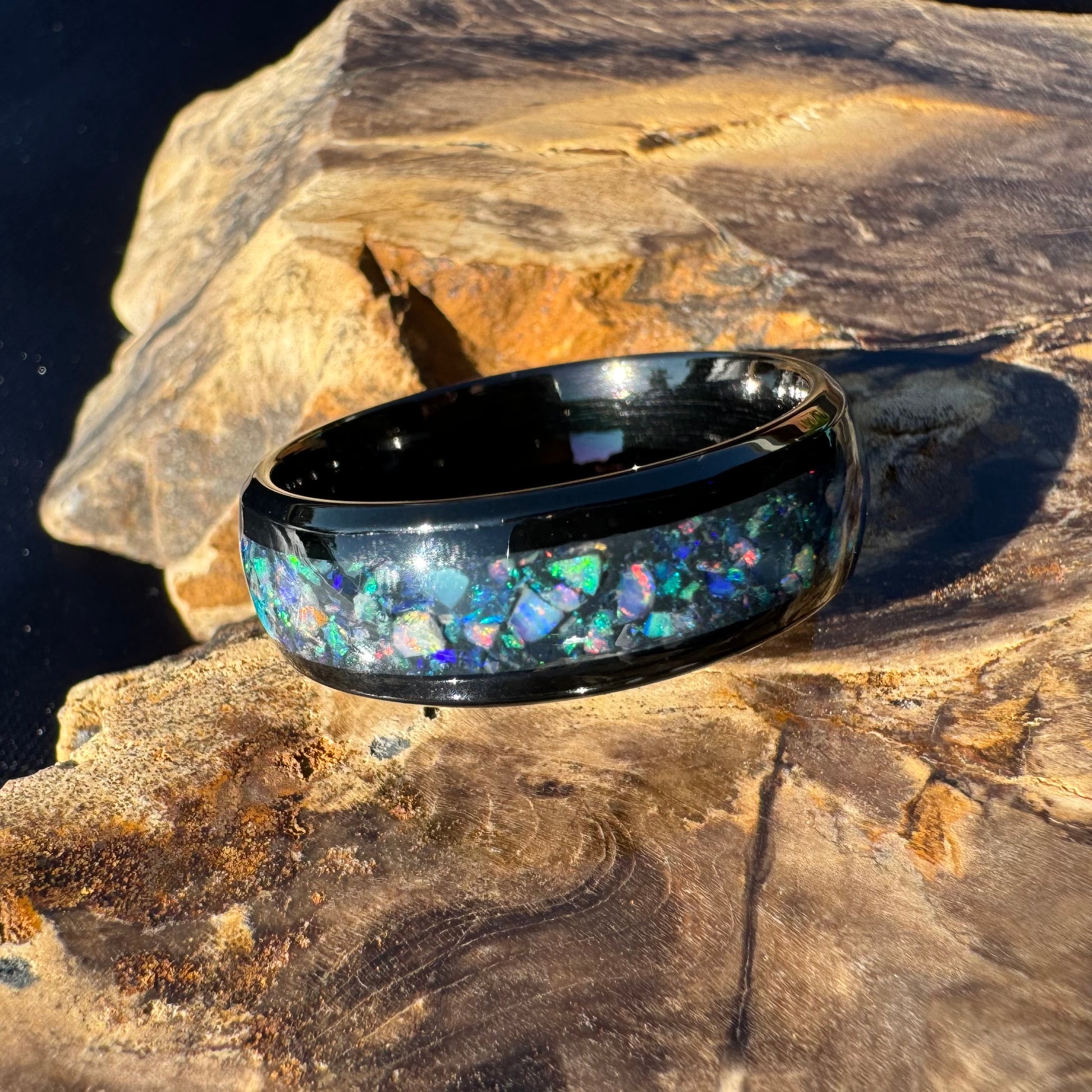 Handmade Australian Opal Ring Black Surgical Steel Size Z (12 3/4) - Iona Opal Australia