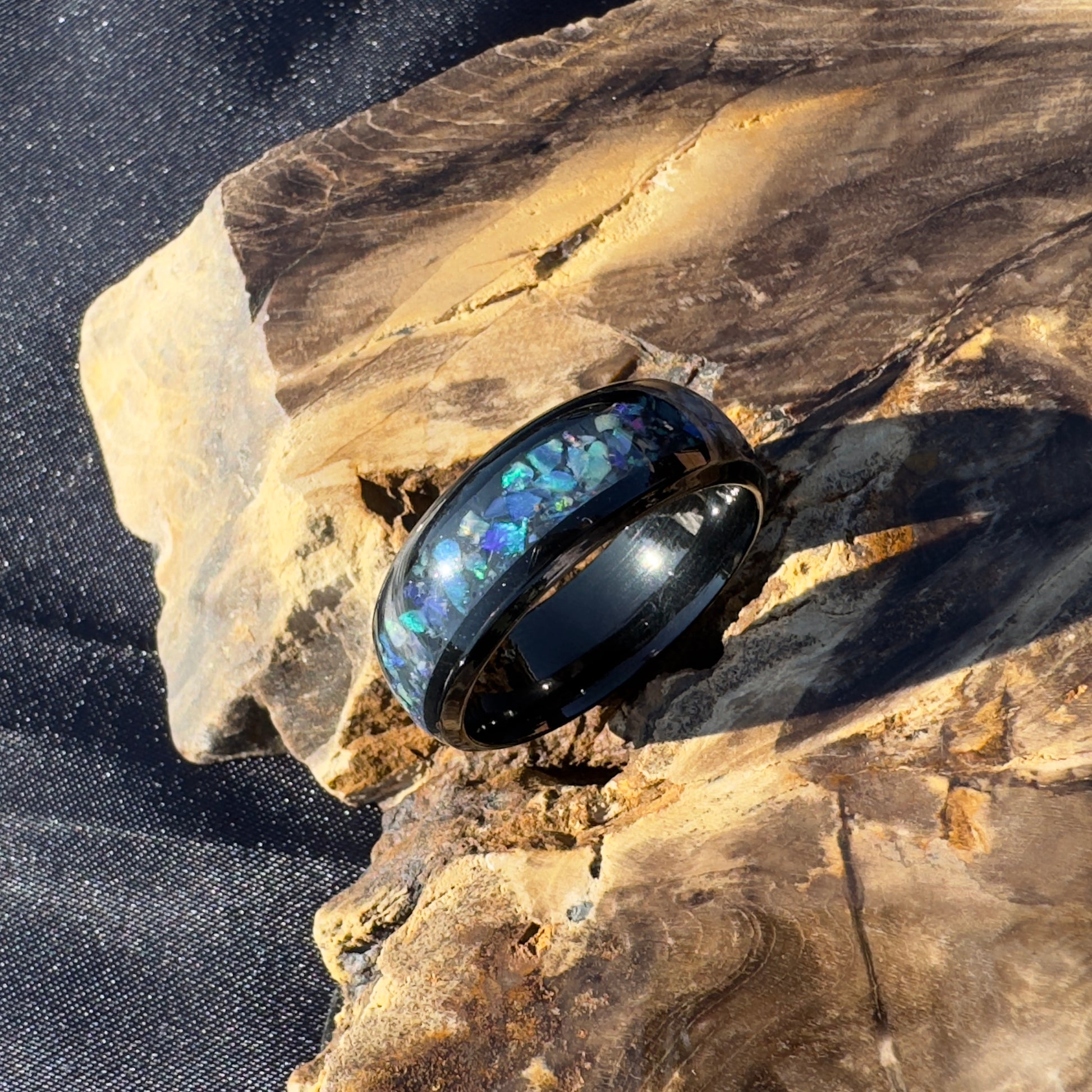 Handmade Australian Opal Ring Black Surgical Steel Size U (10 1/4) - Iona Opal Australia