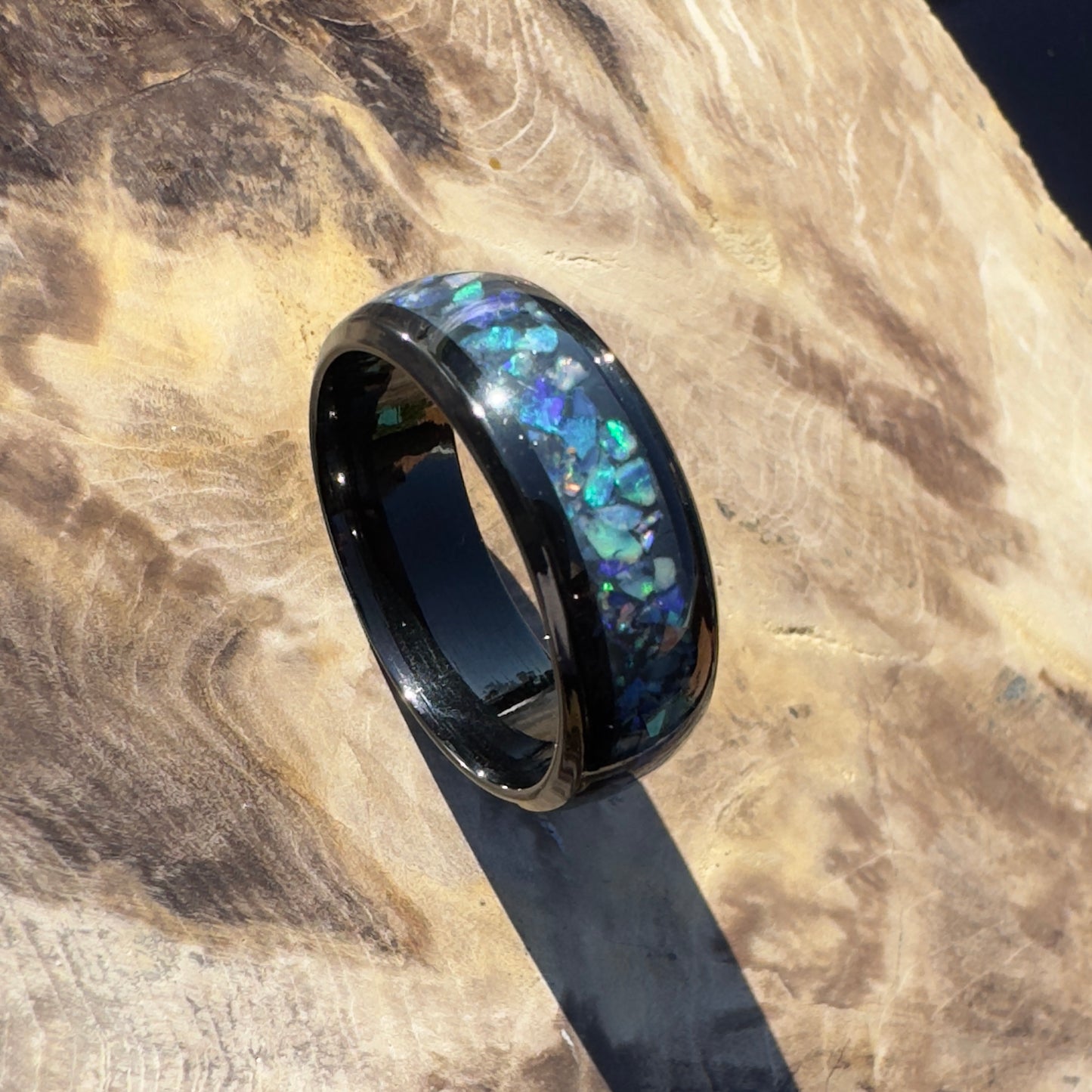 Handmade Australian Opal Ring Black Surgical Steel Size U (10 1/4) - Iona Opal Australia