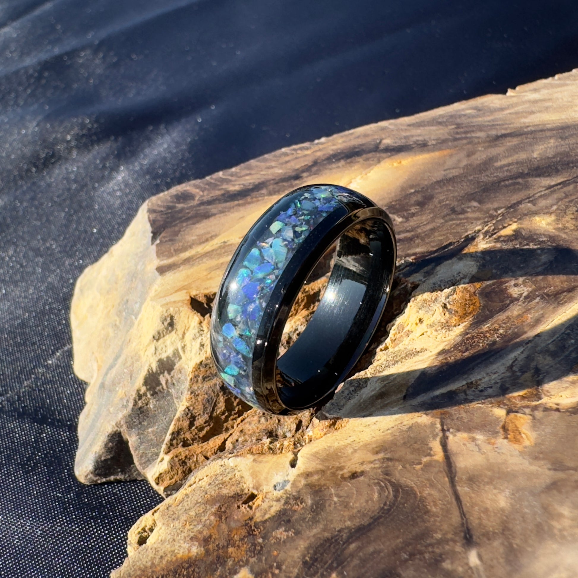 Handmade Australian Opal Ring Black Surgical Steel Size U (10 1/4) - Iona Opal Australia