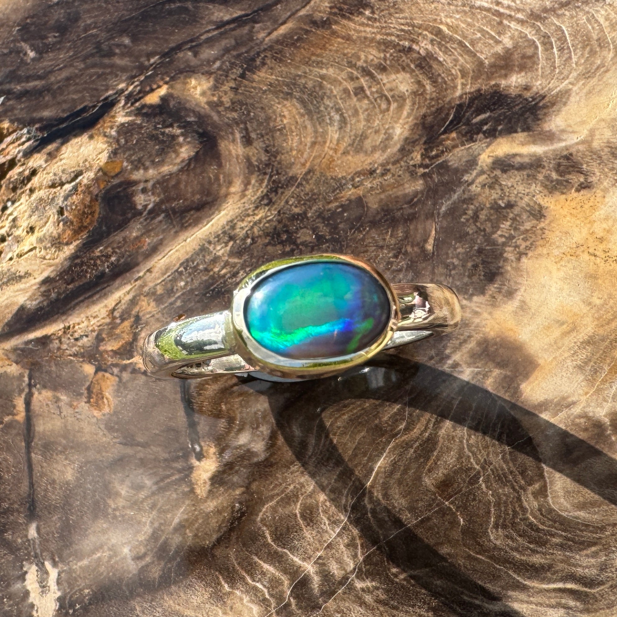 Coral Bay Glow - 1.7ct Solid Lightning Ridge Black Opal Two-Tone 9ct Gold & 925 Sterling Silver Ring