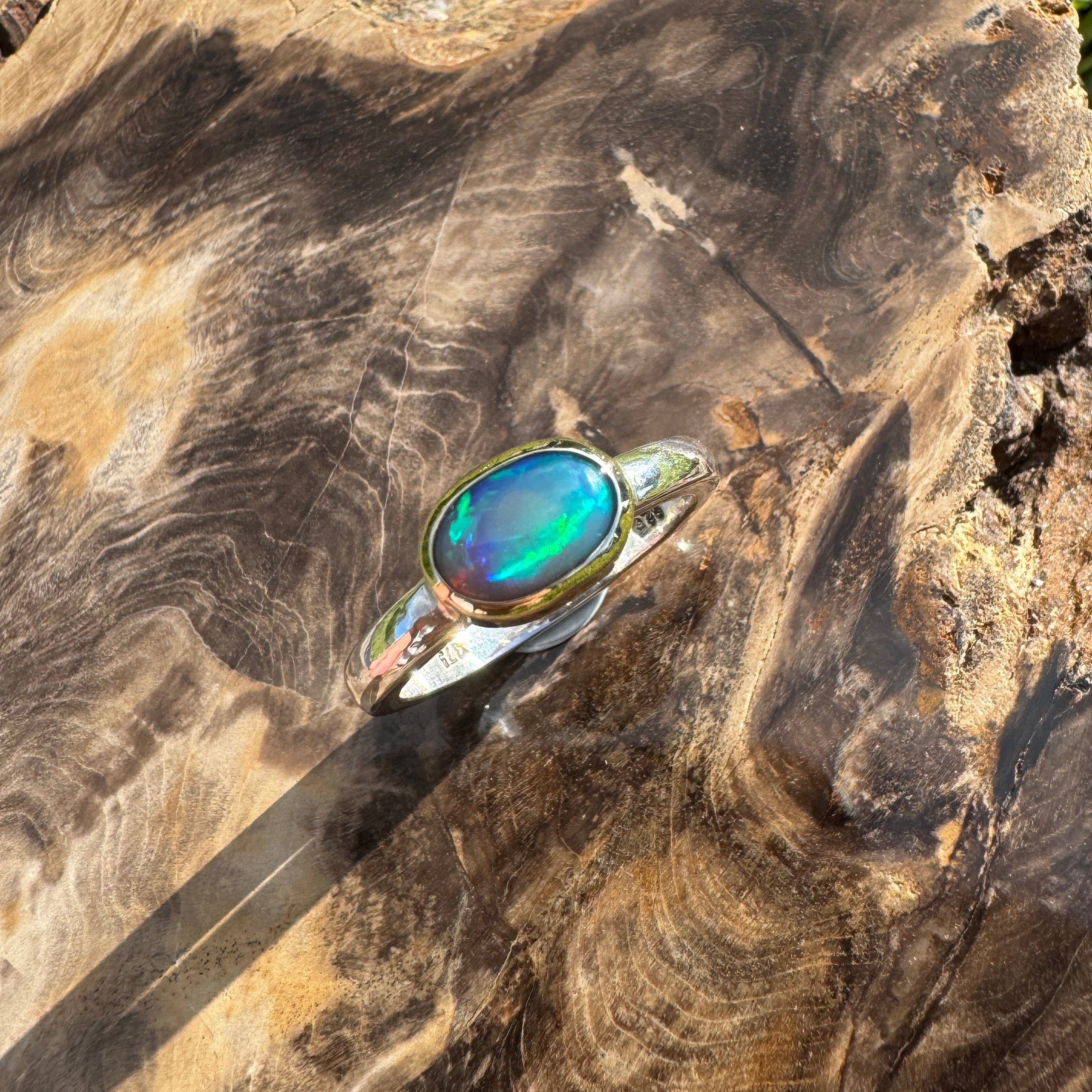 Coral Bay Glow - 1.7ct Solid Lightning Ridge Black Opal Two-Tone 9ct Gold & 925 Sterling Silver Ring