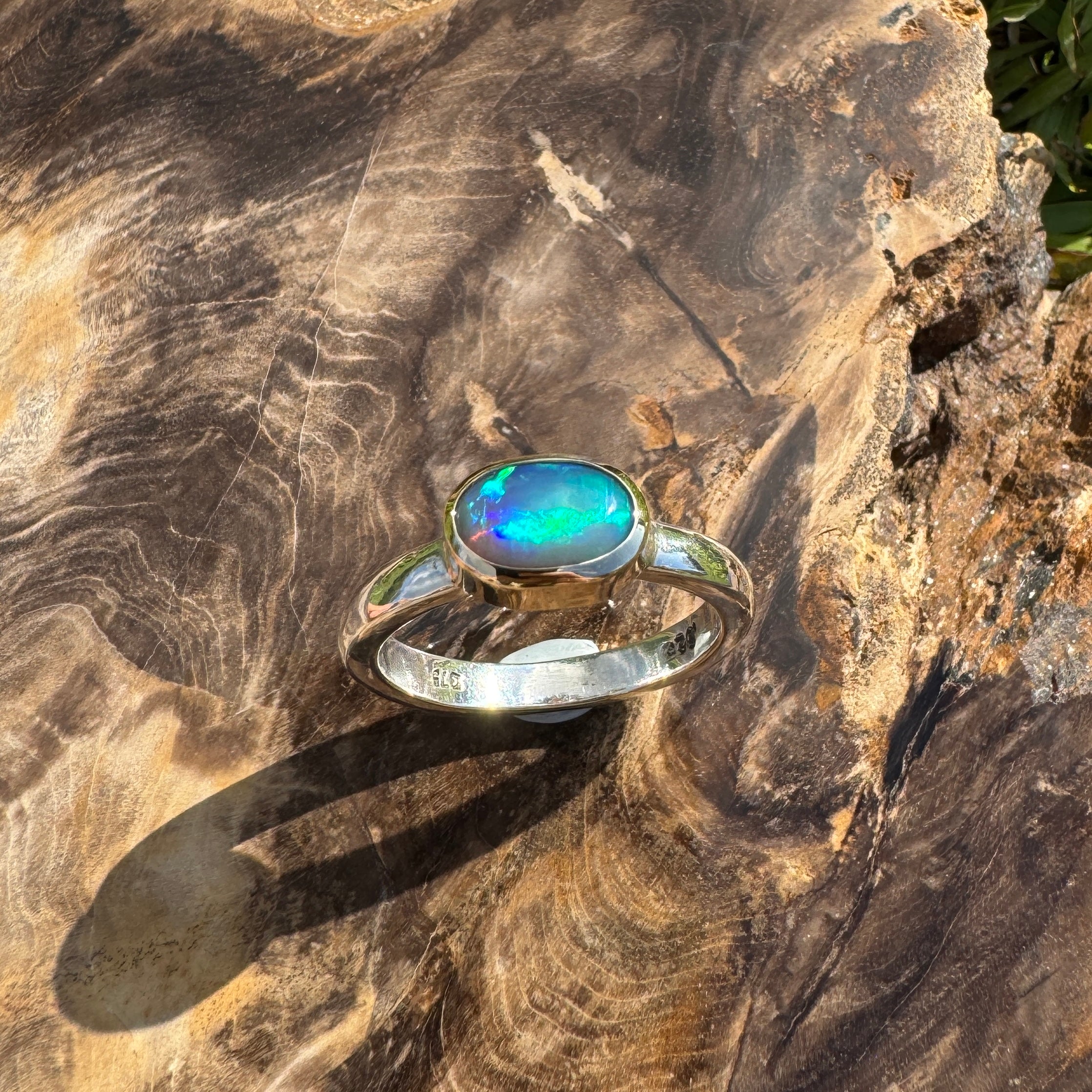 Coral Bay Glow - 1.7ct Solid Lightning Ridge Black Opal Two-Tone 9ct Gold & 925 Sterling Silver Ring