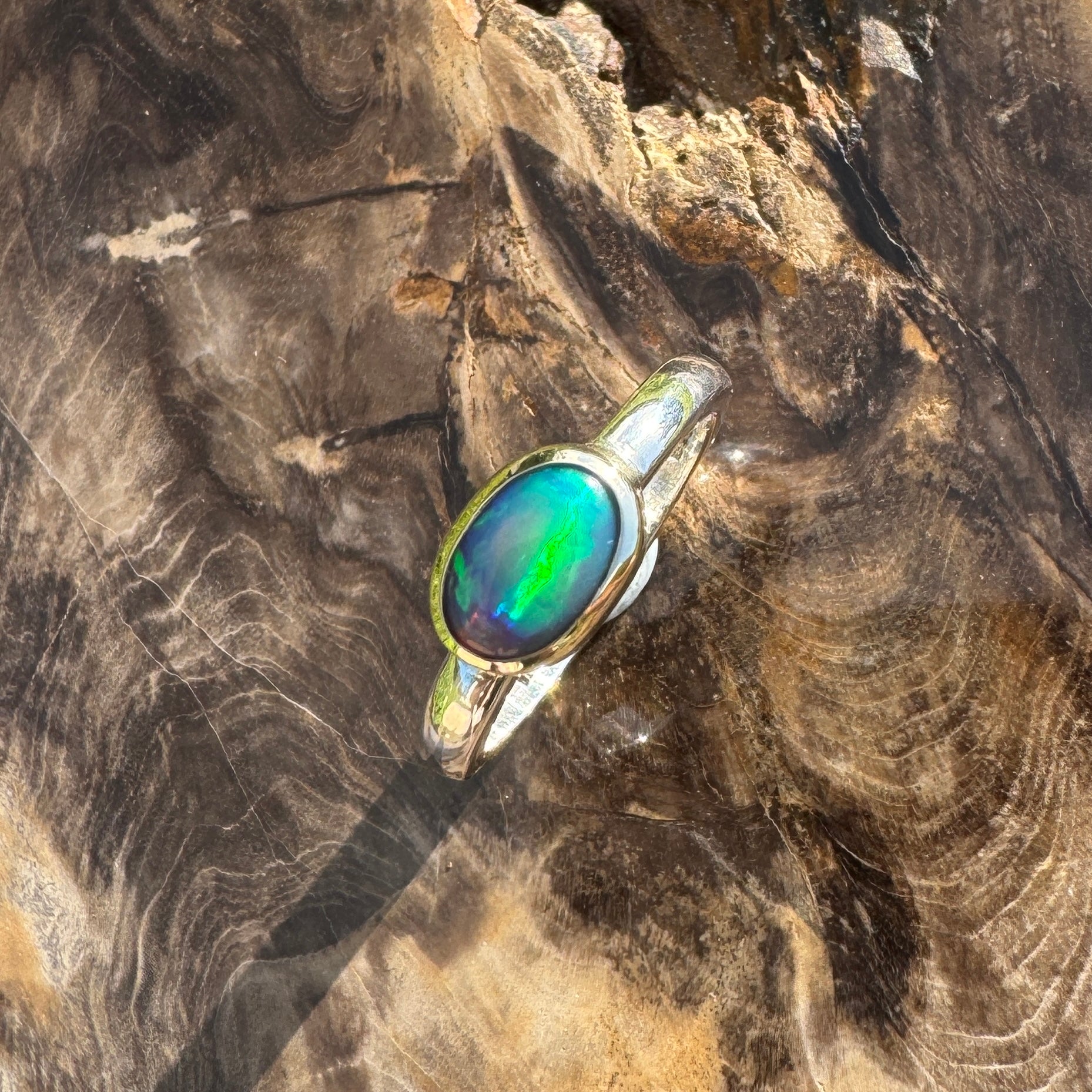 Coral Bay Glow - 1.7ct Solid Lightning Ridge Black Opal Two-Tone 9ct Gold & 925 Sterling Silver Ring