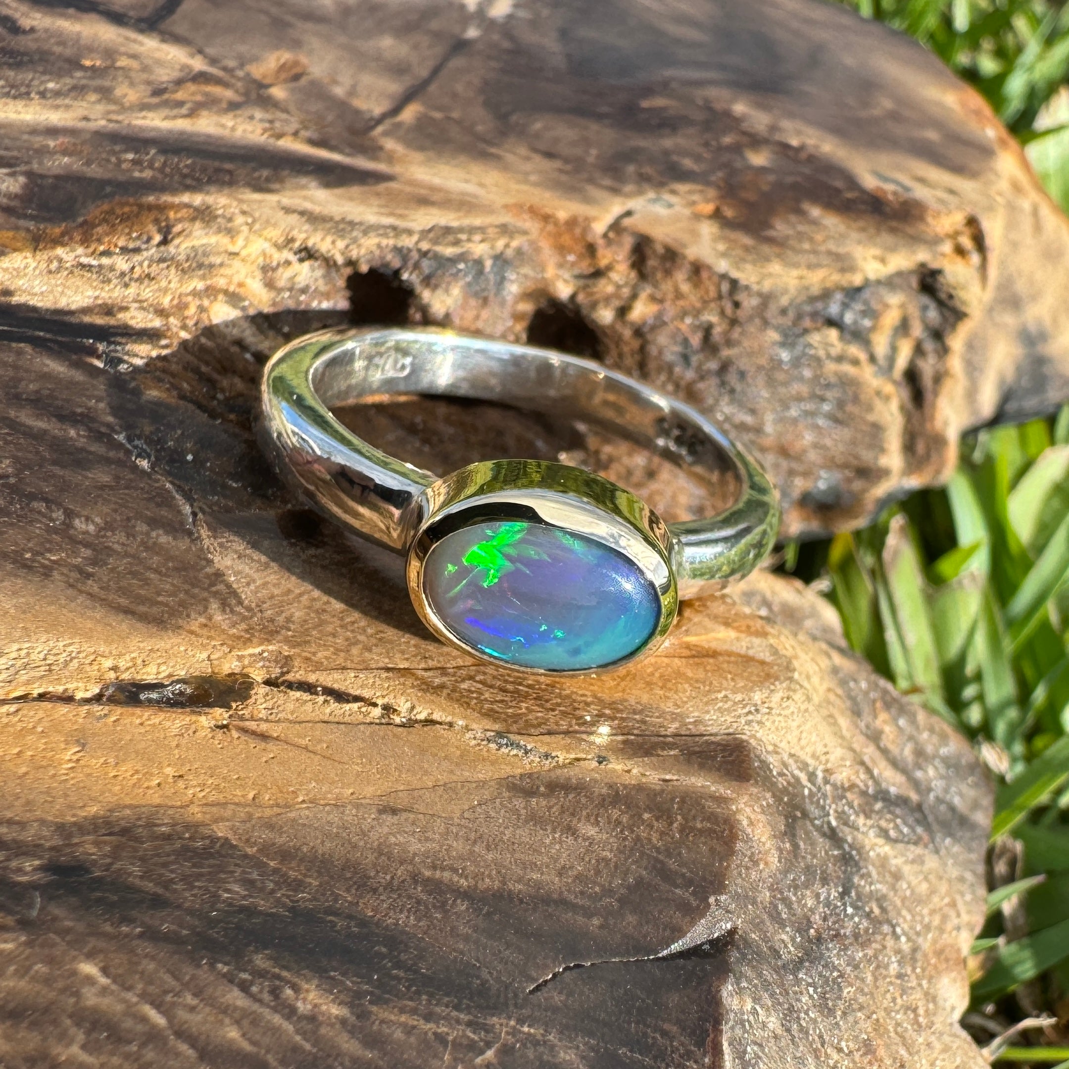 Coral Bay Glow - 1.7ct Solid Lightning Ridge Black Opal Two-Tone 9ct Gold & 925 Sterling Silver Ring