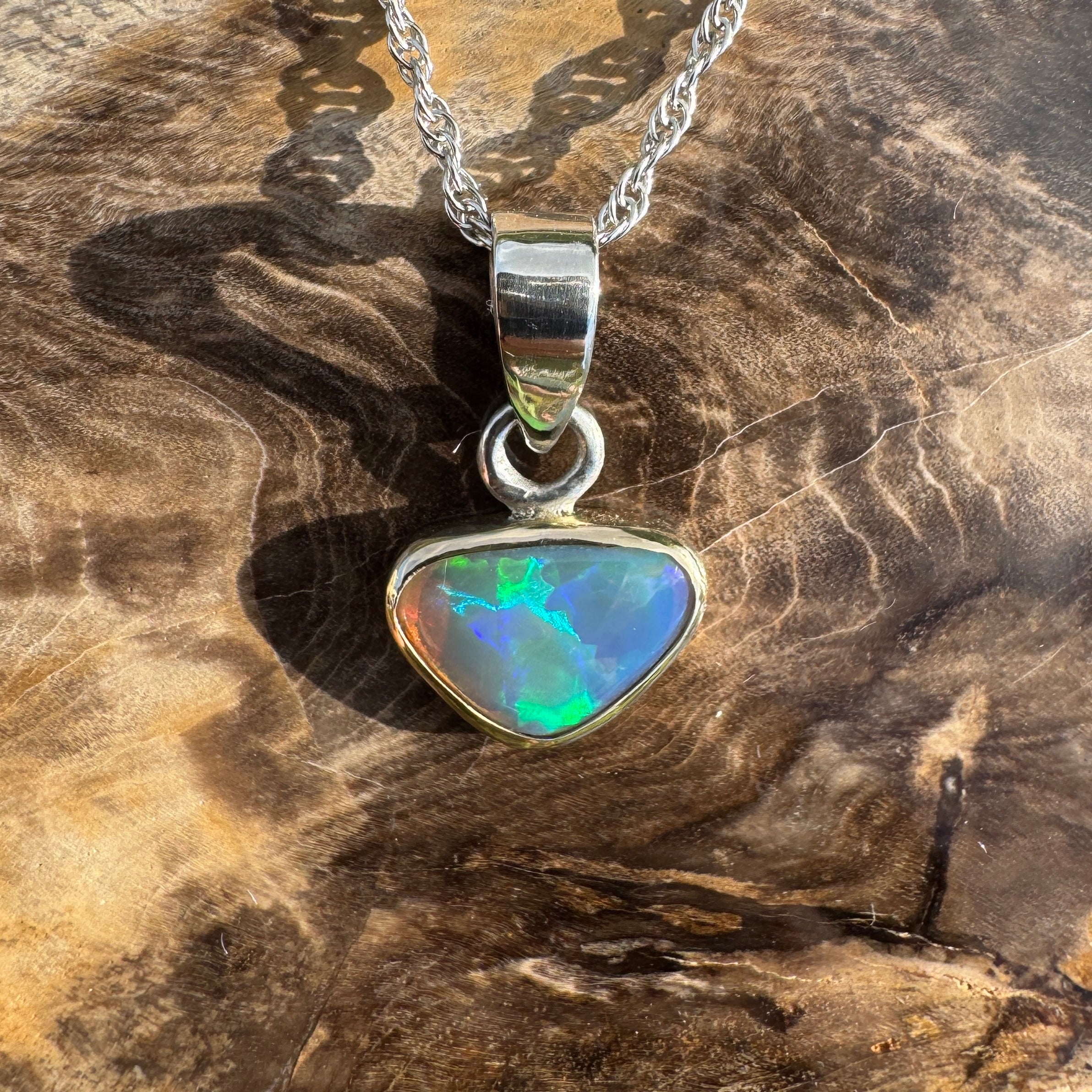 Coral Coast Radiance ~ 1.3ct Solid Lightning Ridge Opal Two-tone 9ct Gold and 925 Sterling Silver Pendant Necklace