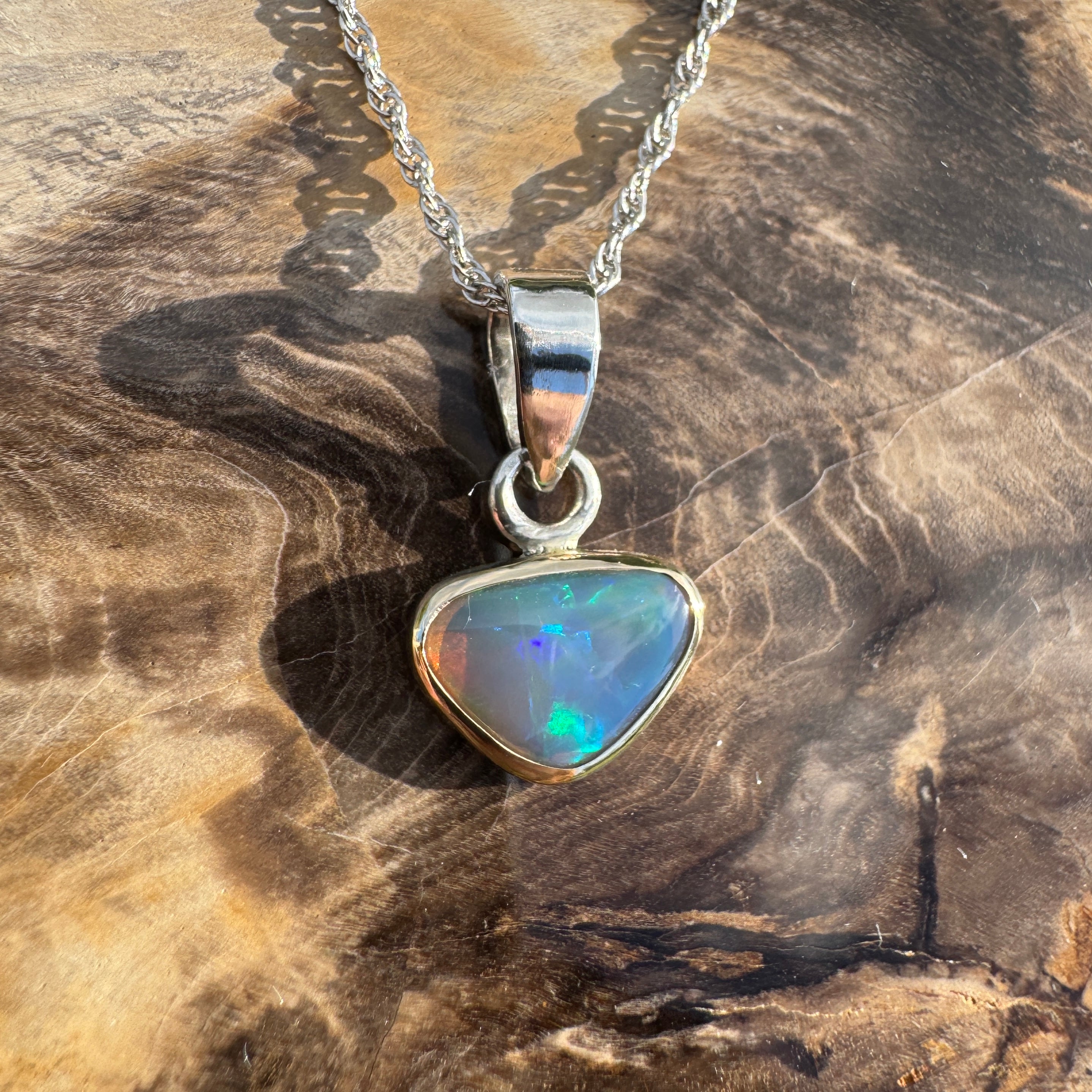 Coral Coast Radiance ~ 1.3ct Solid Lightning Ridge Opal Two-tone 9ct Gold and 925 Sterling Silver Pendant Necklace