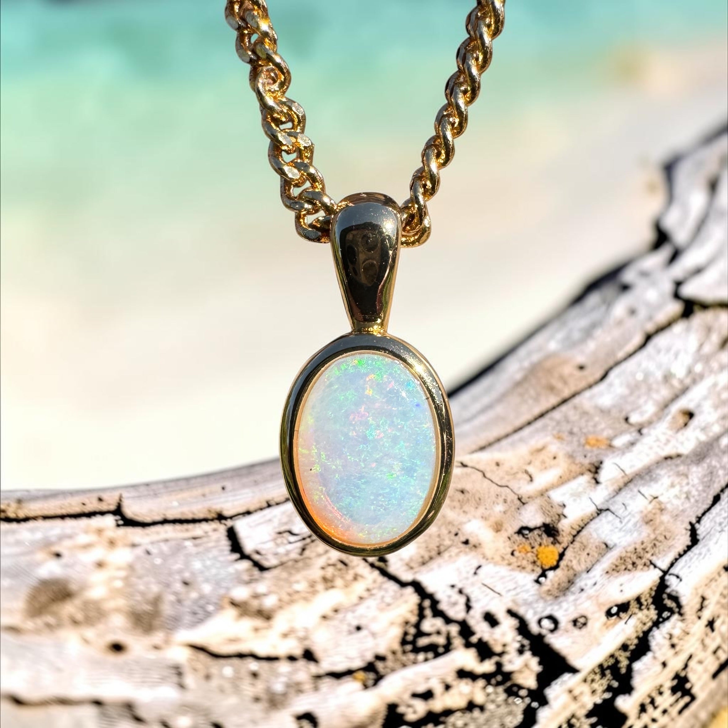 0.8ct Coober Pedy Opal Pendant Necklace ~ 'Point Lookout Glow' | Yellow Gold Coated 925 Sterling Silver | Solid Australian Opal