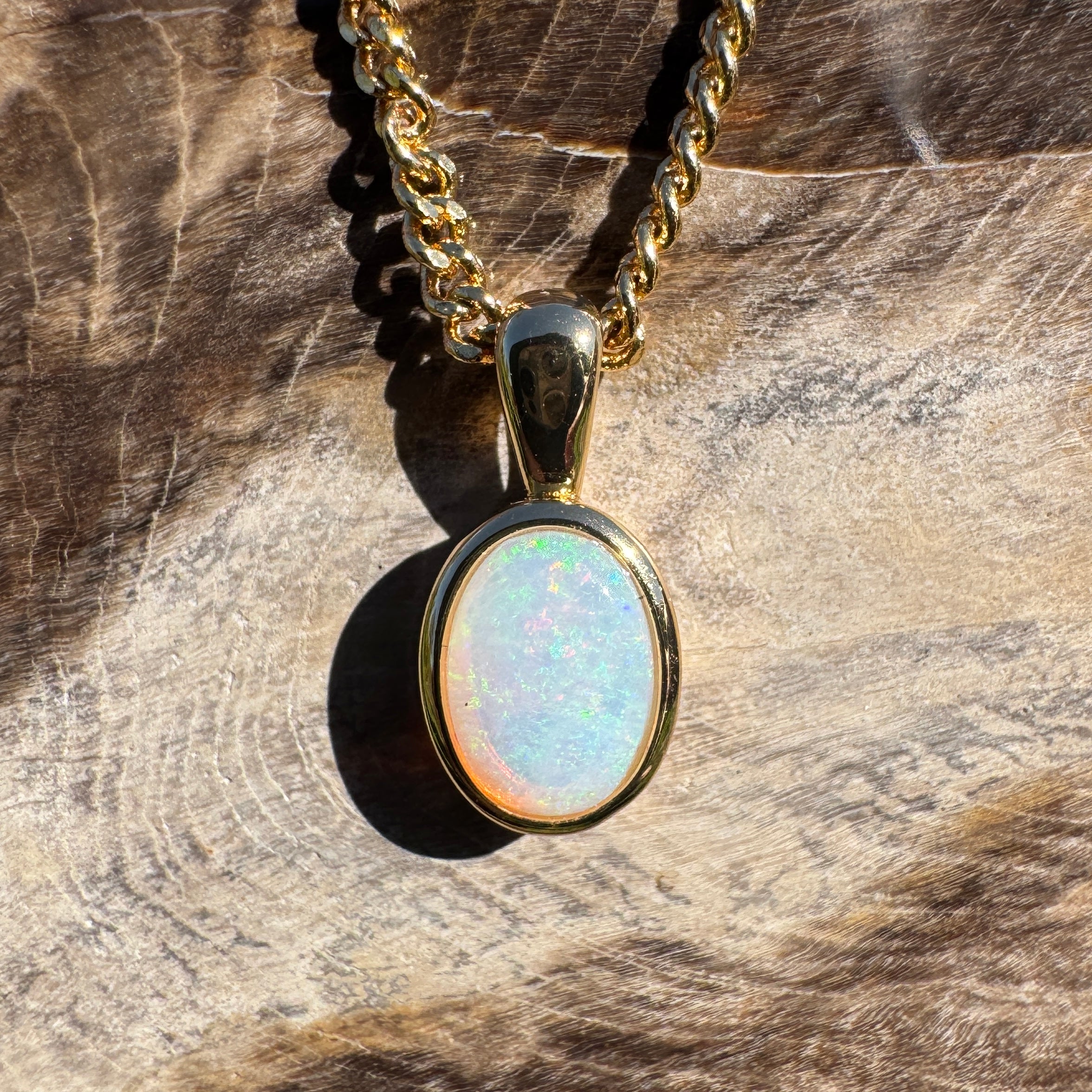 0.8ct Coober Pedy Opal Pendant Necklace ~ 'Point Lookout Glow' | Yellow Gold Coated 925 Sterling Silver | Solid Australian Opal