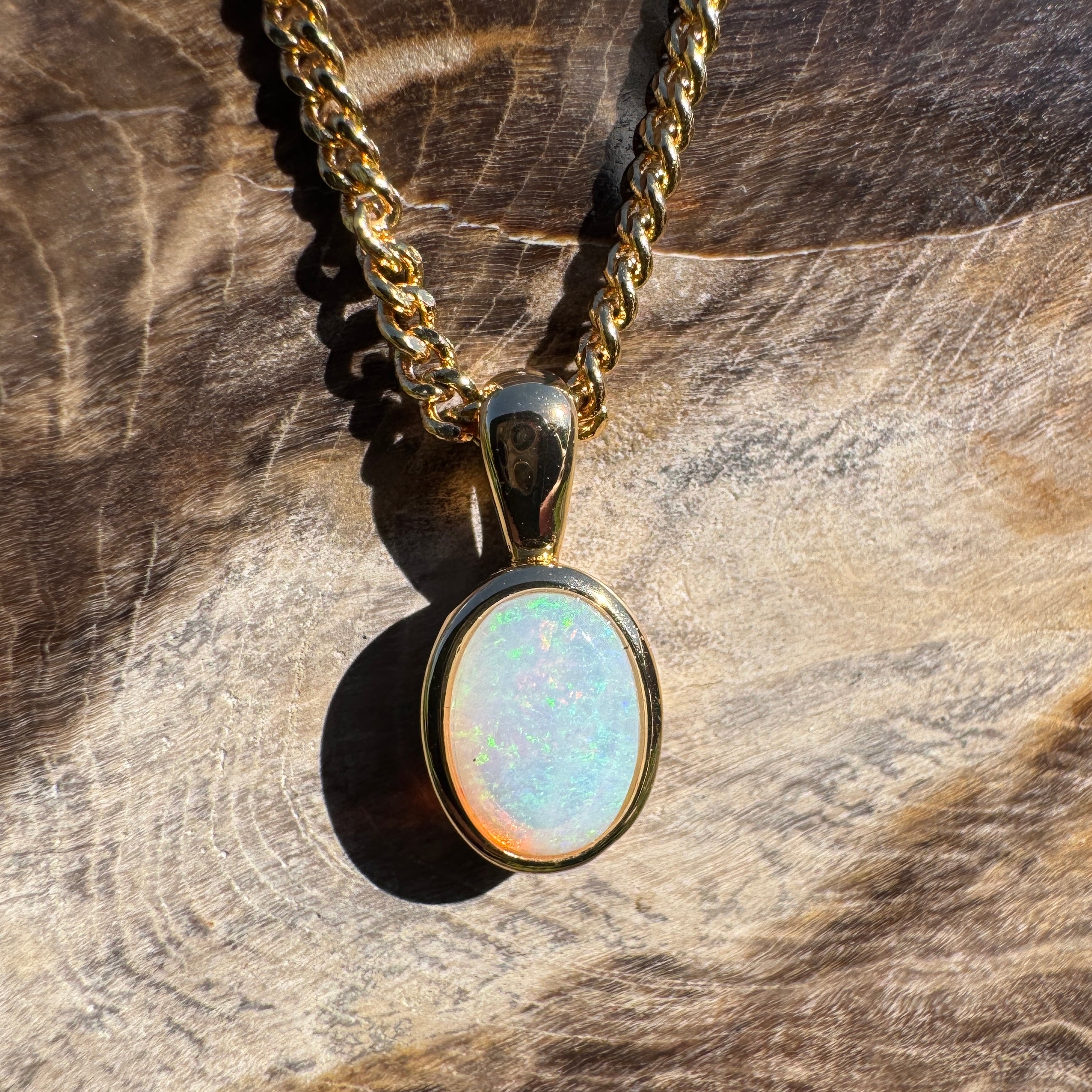 0.8ct Coober Pedy Opal Pendant Necklace ~ 'Point Lookout Glow' | Yellow Gold Coated 925 Sterling Silver | Solid Australian Opal