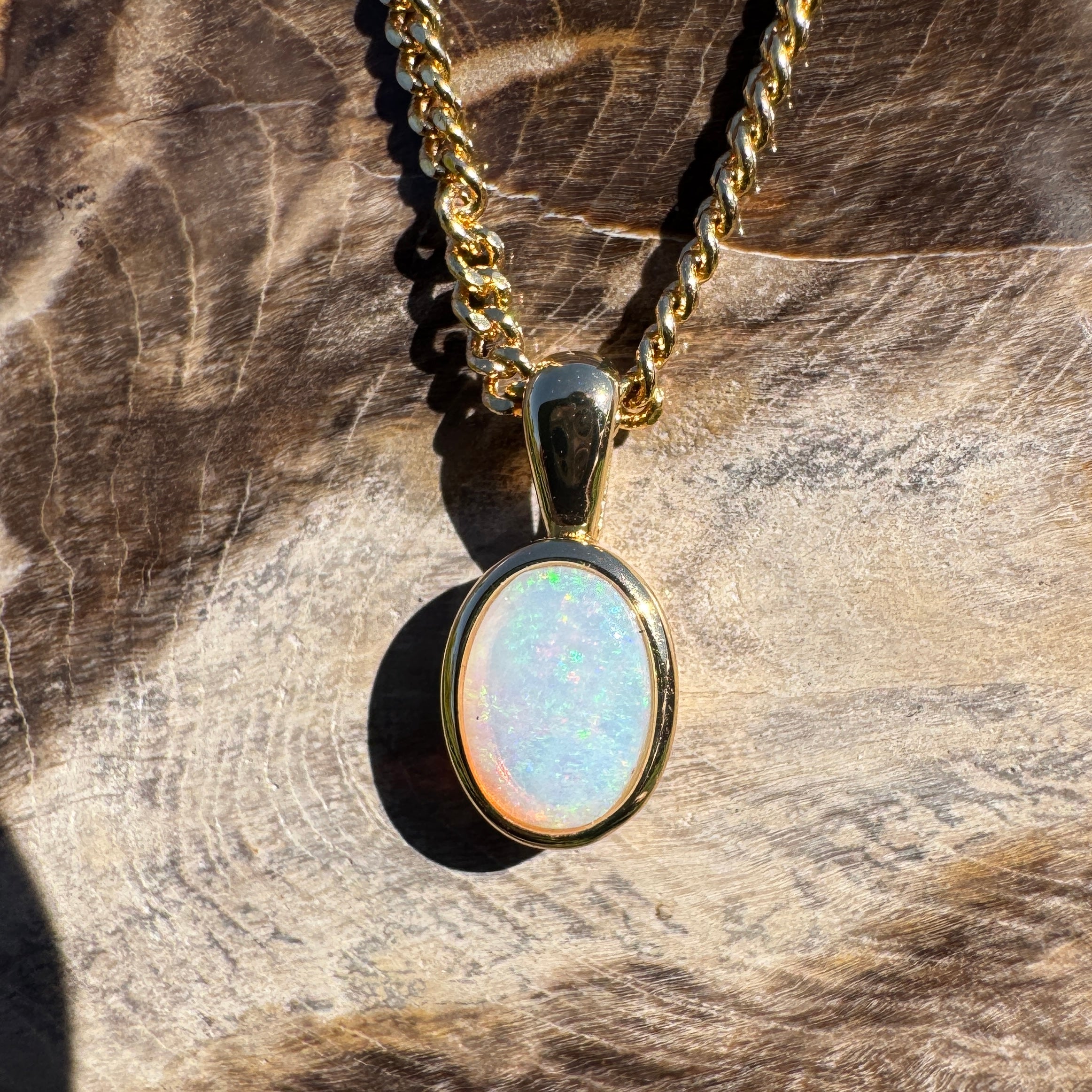 0.8ct Coober Pedy Opal Pendant Necklace ~ 'Point Lookout Glow' | Yellow Gold Coated 925 Sterling Silver | Solid Australian Opal