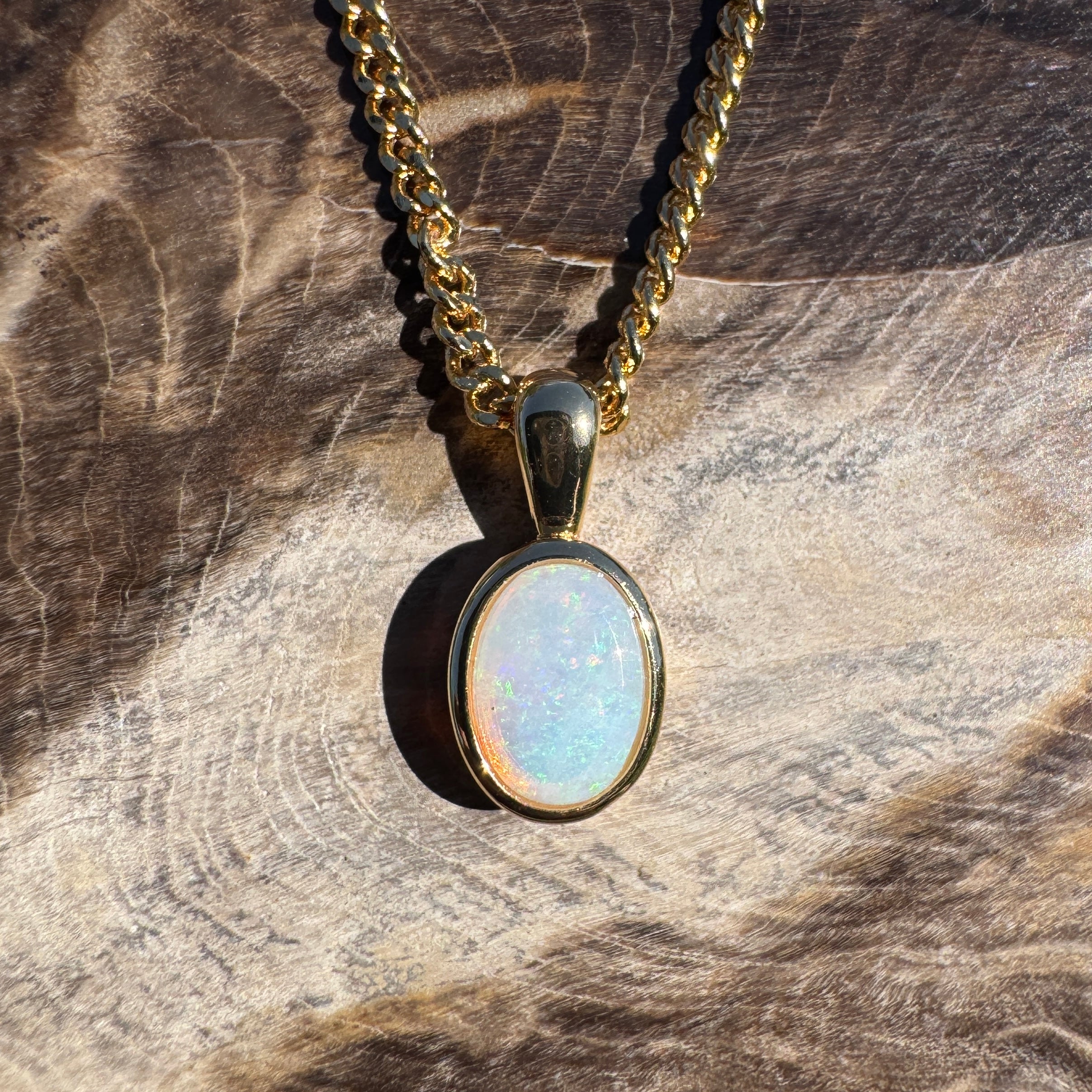0.8ct Coober Pedy Opal Pendant Necklace ~ 'Point Lookout Glow' | Yellow Gold Coated 925 Sterling Silver | Solid Australian Opal