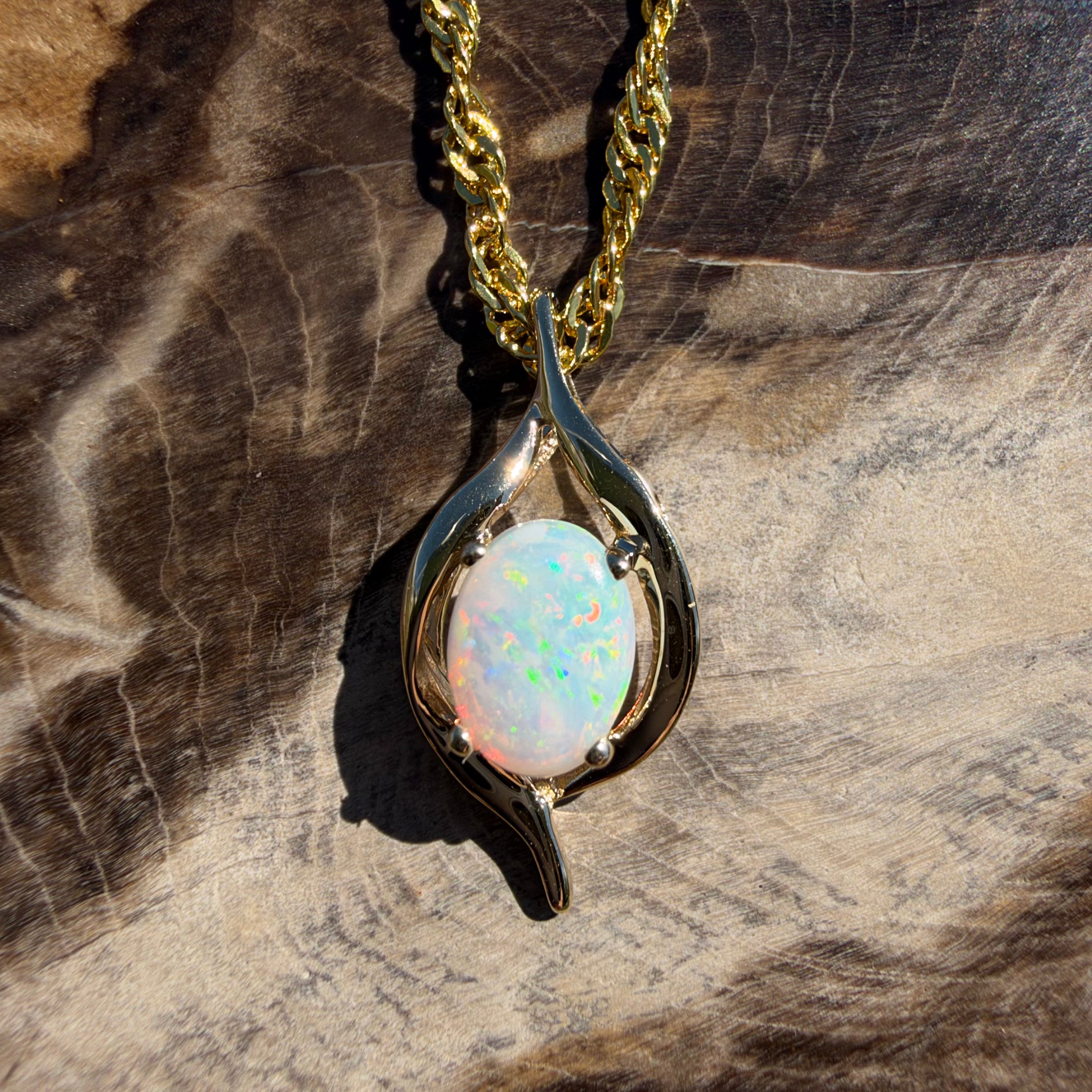 0.6ct Coober Pedy Opal Pendant Necklace ~ 'Sovereign Hill Gleam' | 9ct Yellow Gold | Solid Australian Opal