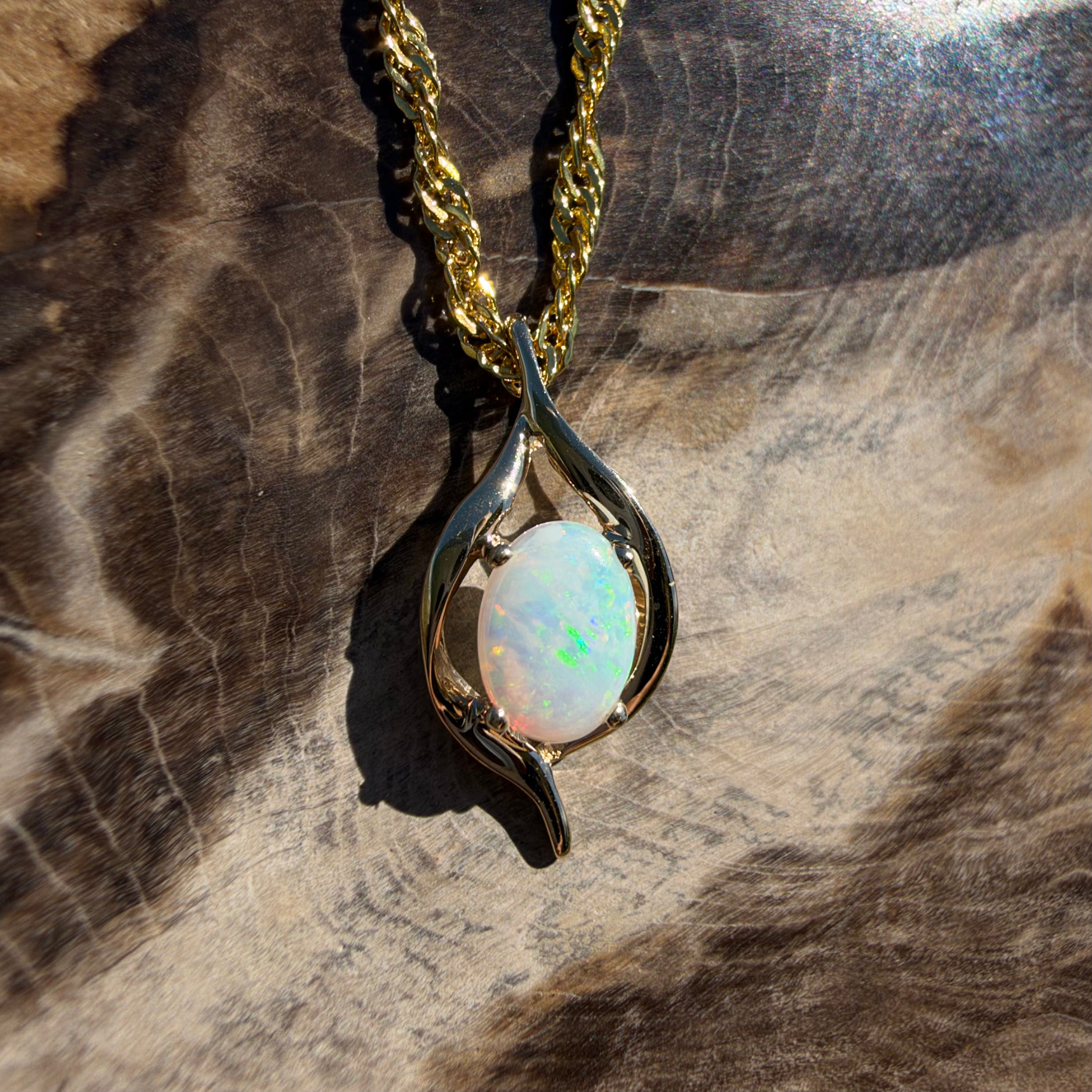 0.6ct Coober Pedy Opal Pendant Necklace ~ 'Sovereign Hill Gleam' | 9ct Yellow Gold | Solid Australian Opal