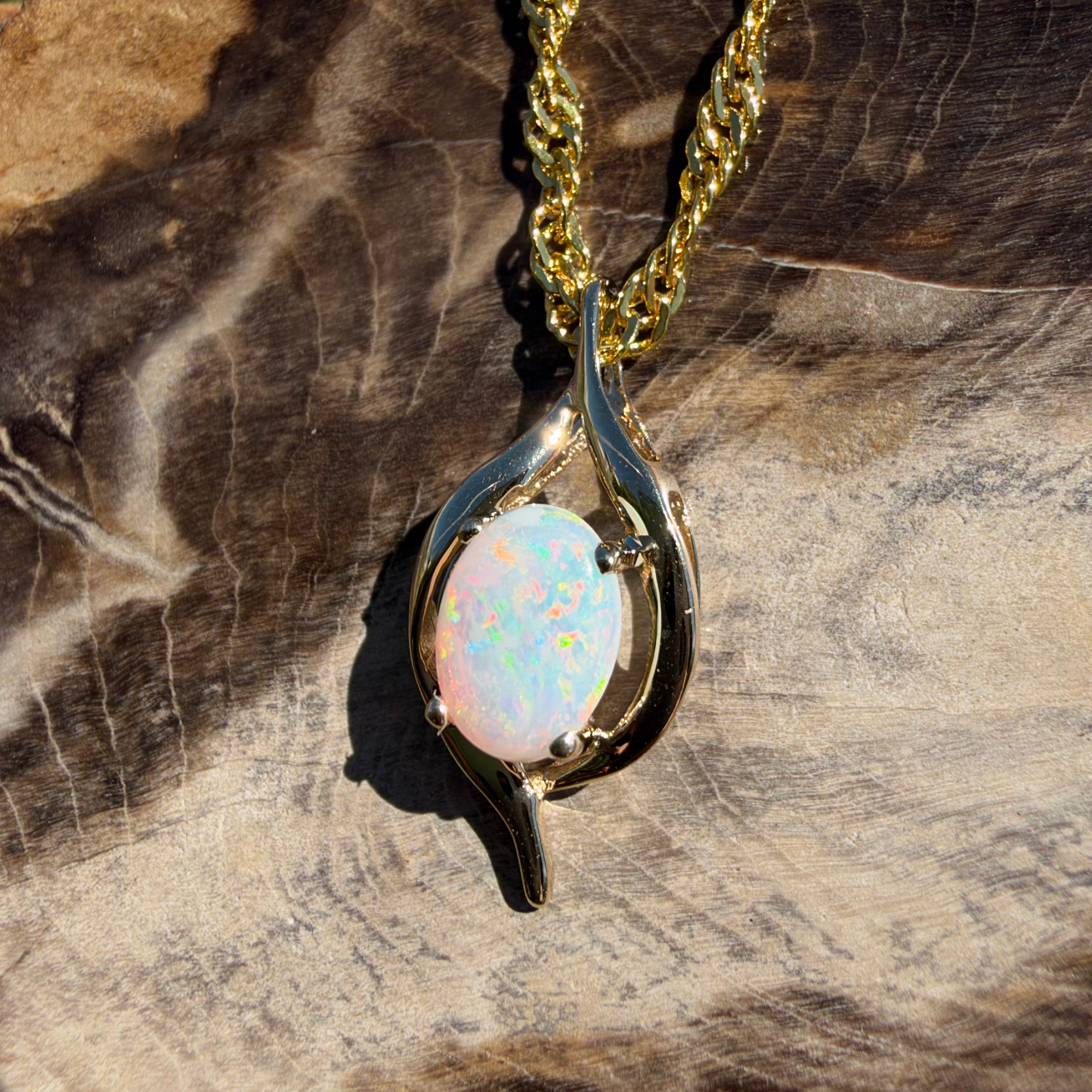 0.6ct Coober Pedy Opal Pendant Necklace ~ 'Sovereign Hill Gleam' | 9ct Yellow Gold | Solid Australian Opal