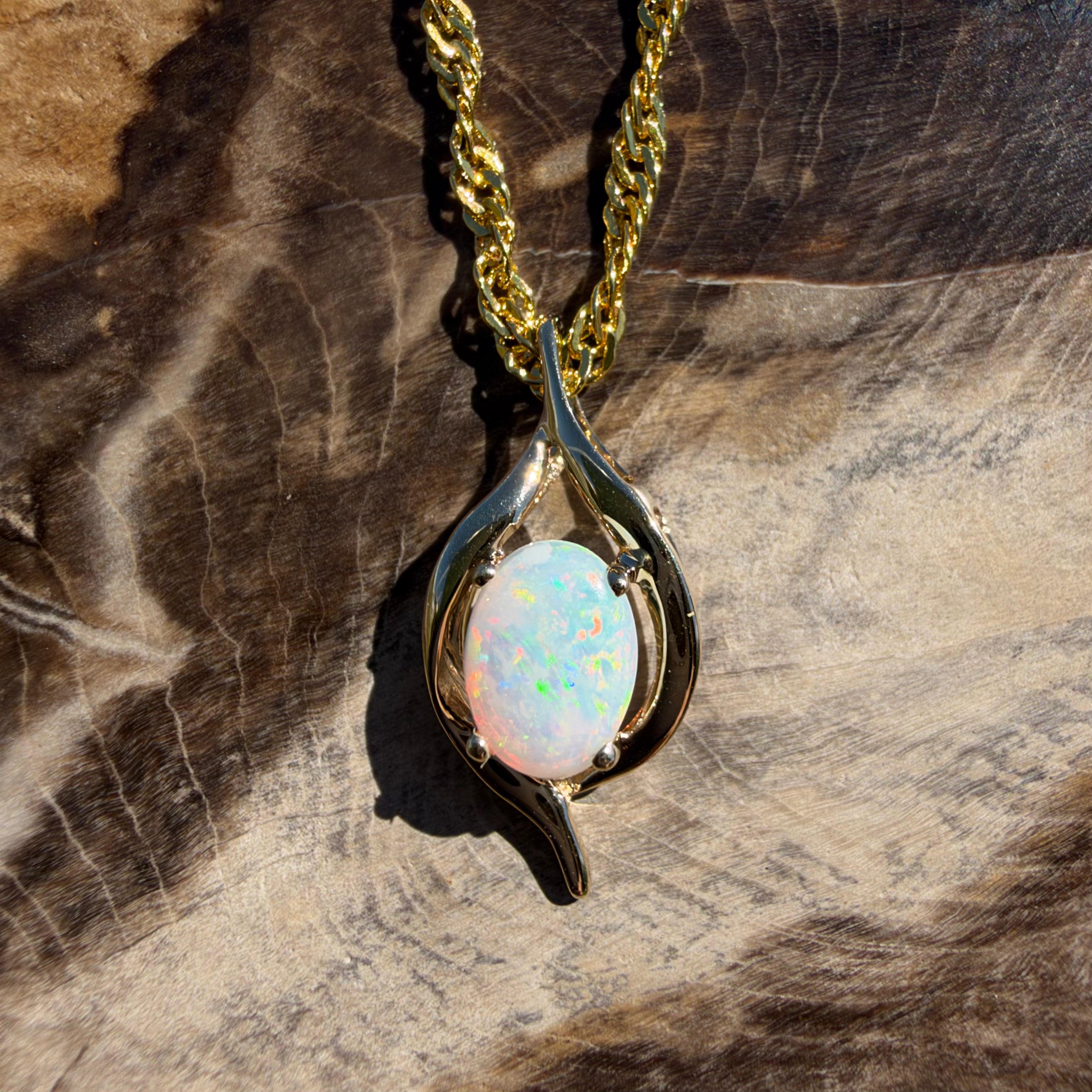 0.6ct Coober Pedy Opal Pendant Necklace ~ 'Sovereign Hill Gleam' | 9ct Yellow Gold | Solid Australian Opal
