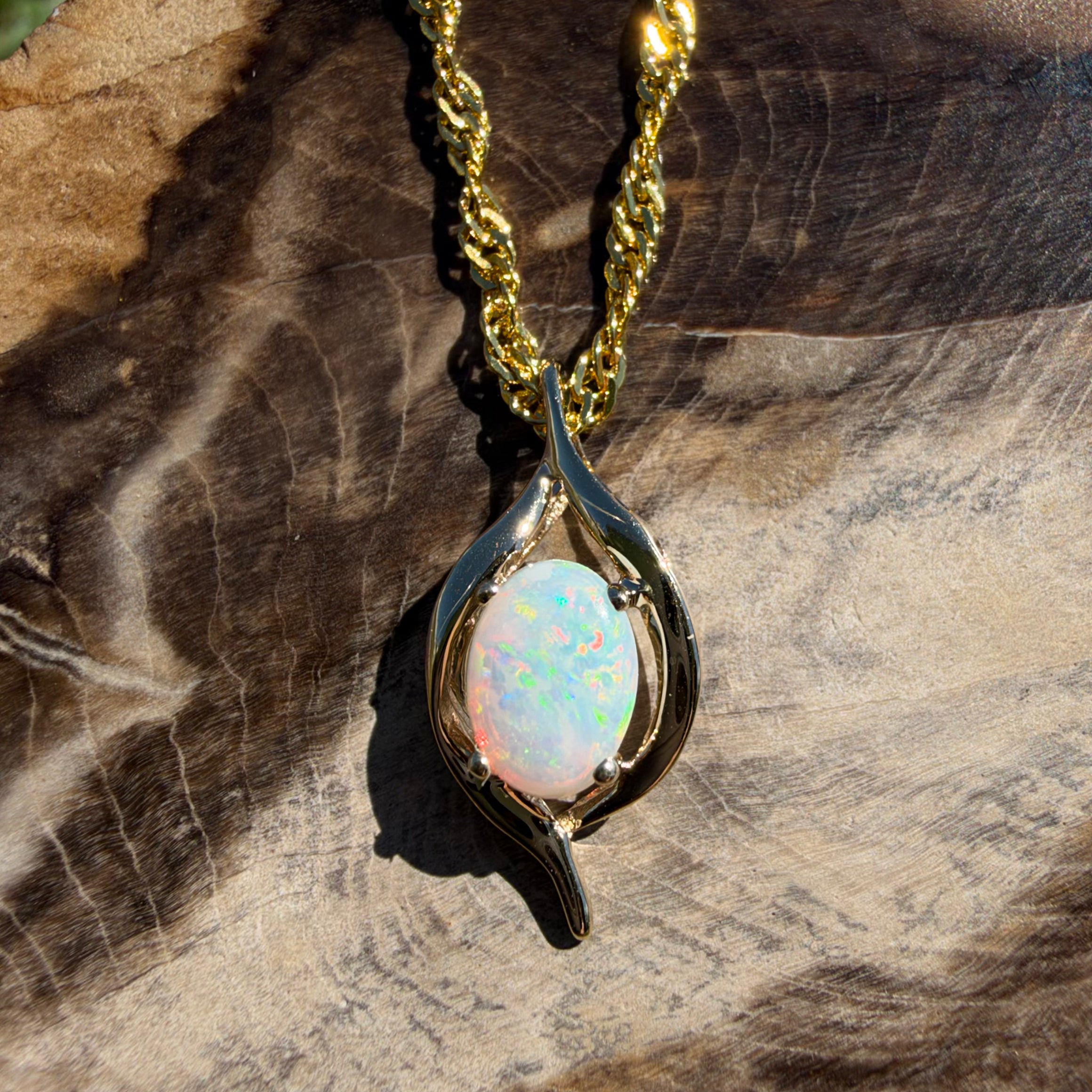 0.6ct Coober Pedy Opal Pendant Necklace ~ 'Sovereign Hill Gleam' | 9ct Yellow Gold | Solid Australian Opal