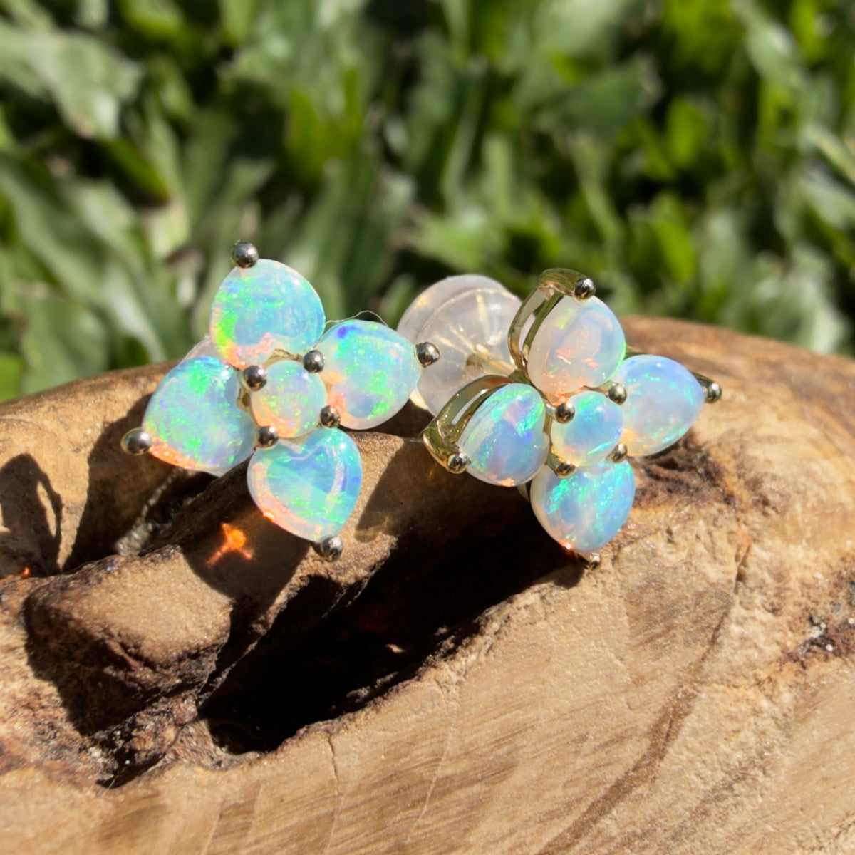 1.2ct Coober Pedy Opal Flower Stud Earrings ~ 'Hunter Valley Blossom' | 9ct Yellow Gold | Solid Australian Opal