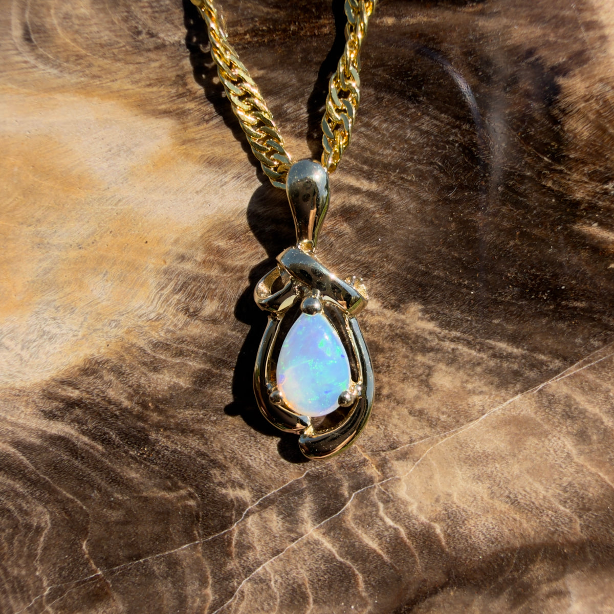 0.4ct Coober Pedy Opal Pendant Necklace ~ 'Gympie Firedrop' | 9ct Yellow Gold | Solid Australian Opal