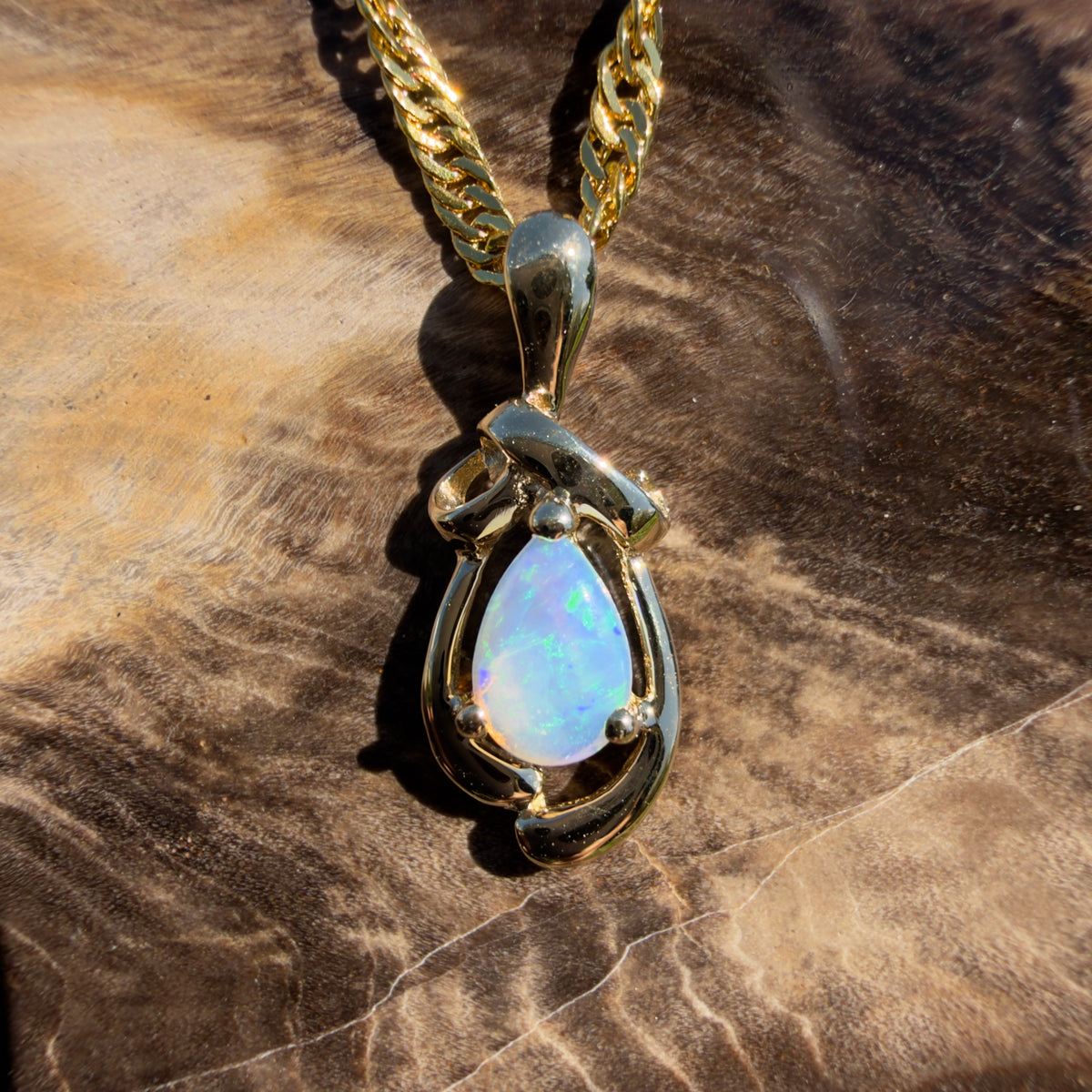 0.4ct Coober Pedy Opal Pendant Necklace ~ 'Gympie Firedrop' | 9ct Yellow Gold | Solid Australian Opal