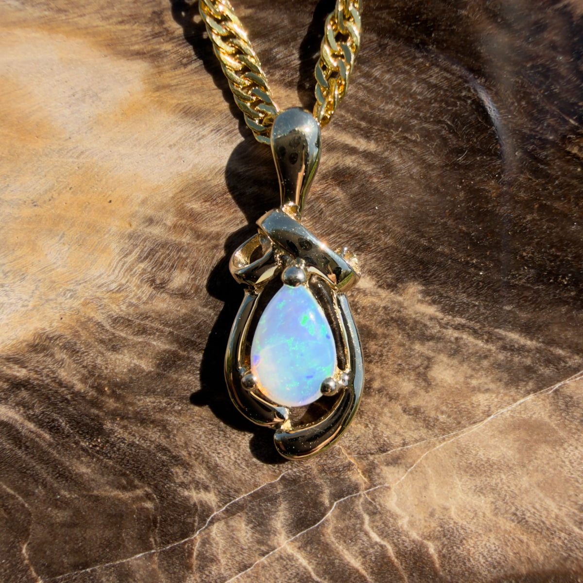0.4ct Coober Pedy Opal Pendant Necklace ~ 'Gympie Firedrop' | 9ct Yellow Gold | Solid Australian Opal