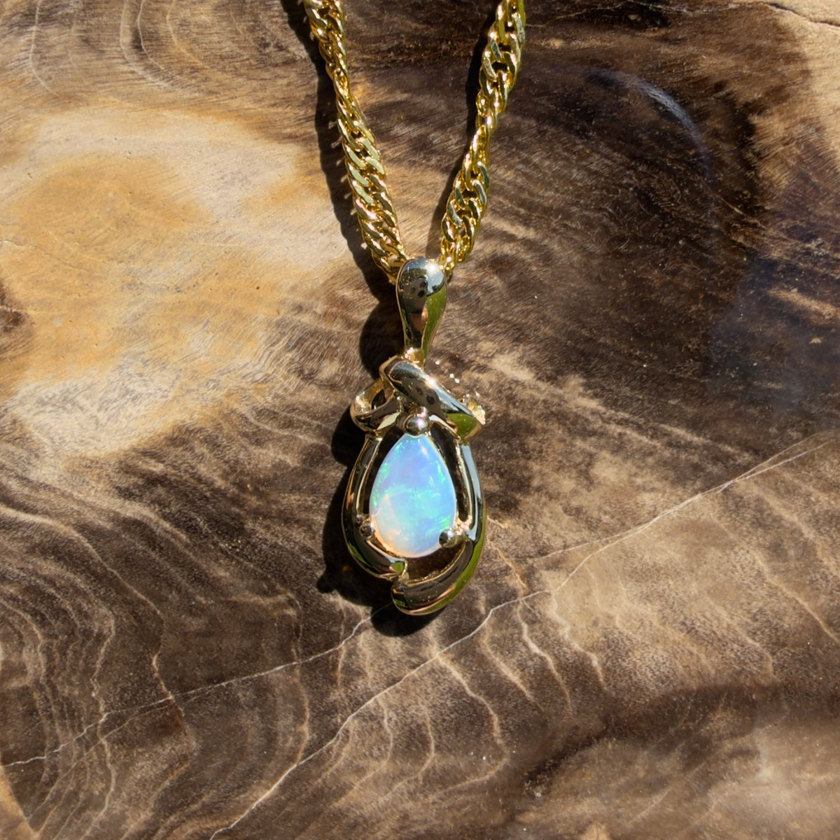 0.4ct Coober Pedy Opal Pendant Necklace ~ 'Gympie Firedrop' | 9ct Yellow Gold | Solid Australian Opal