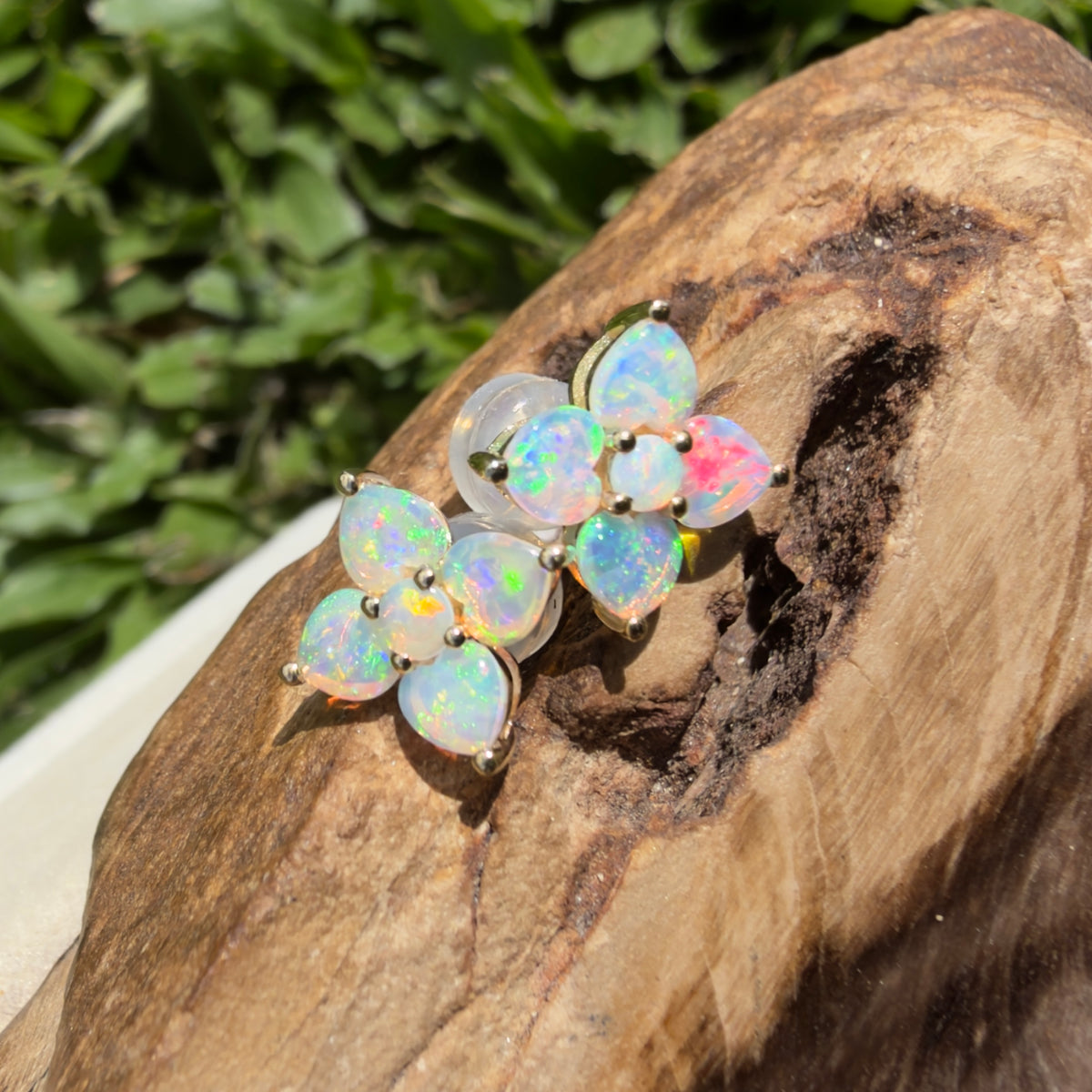 1.2ct Coober Pedy Opal Flower Stud Earrings ~ 'Adelaide Hills Blossom' | 9ct Yellow Gold | Solid Australian Opal