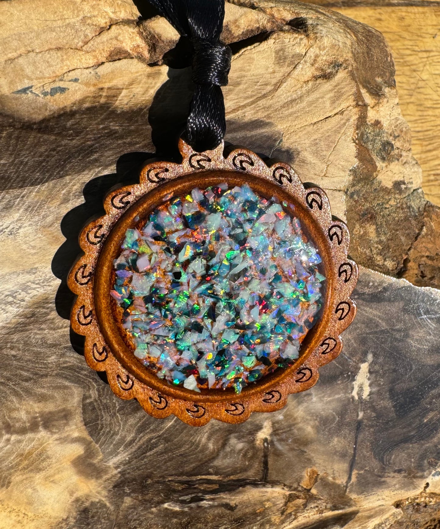 Coconut Wood and Australian Opal Chip Resin Inlay Pendant