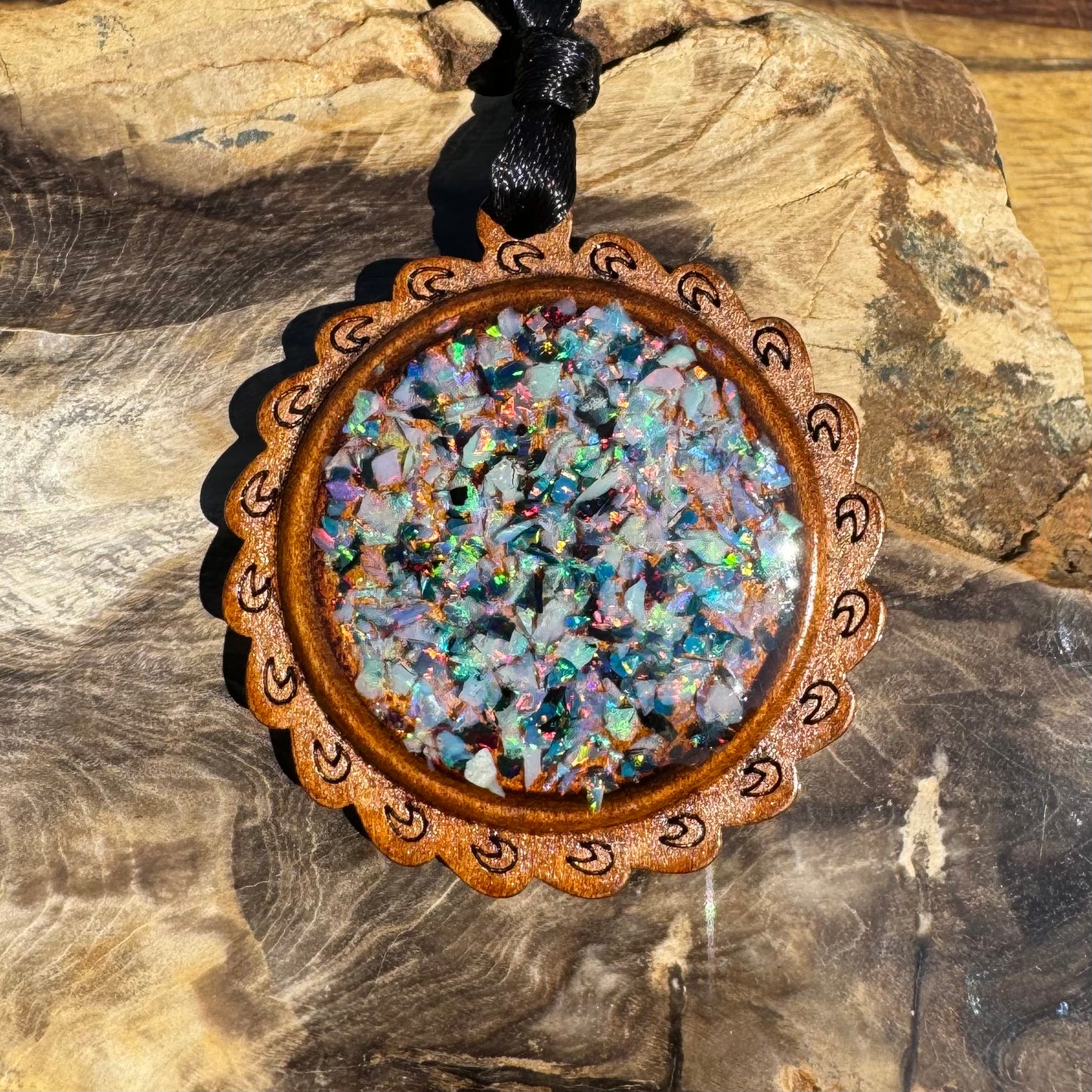 Coconut Wood and Australian Opal Chip Resin Inlay Pendant