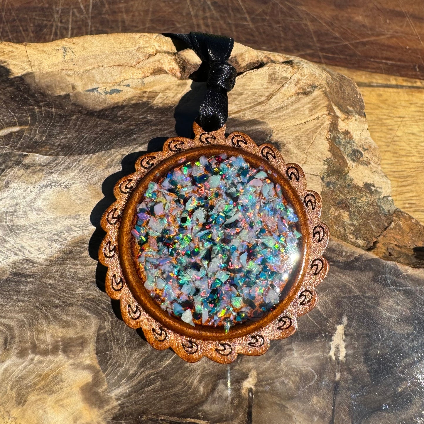 Coconut Wood and Australian Opal Chip Resin Inlay Pendant