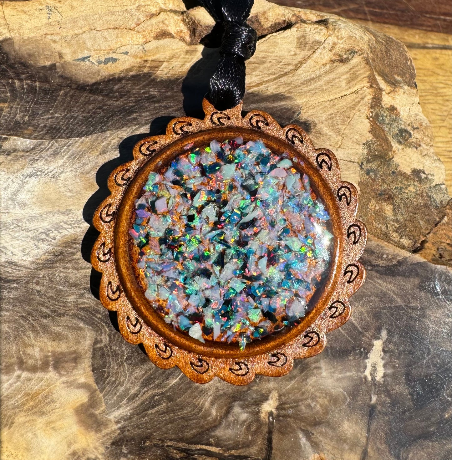 Coconut Wood and Australian Opal Chip Resin Inlay Pendant