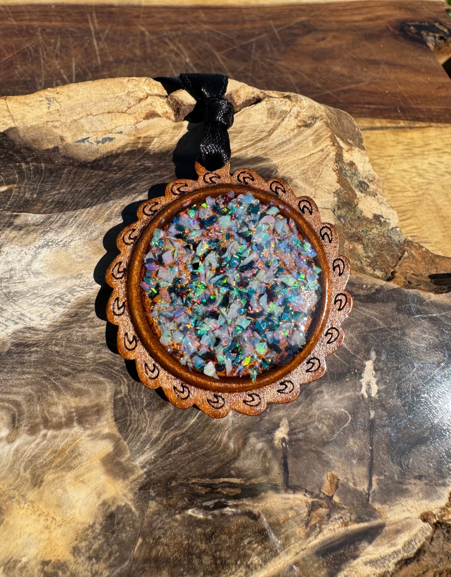 Coconut Wood and Australian Opal Chip Resin Inlay Pendant