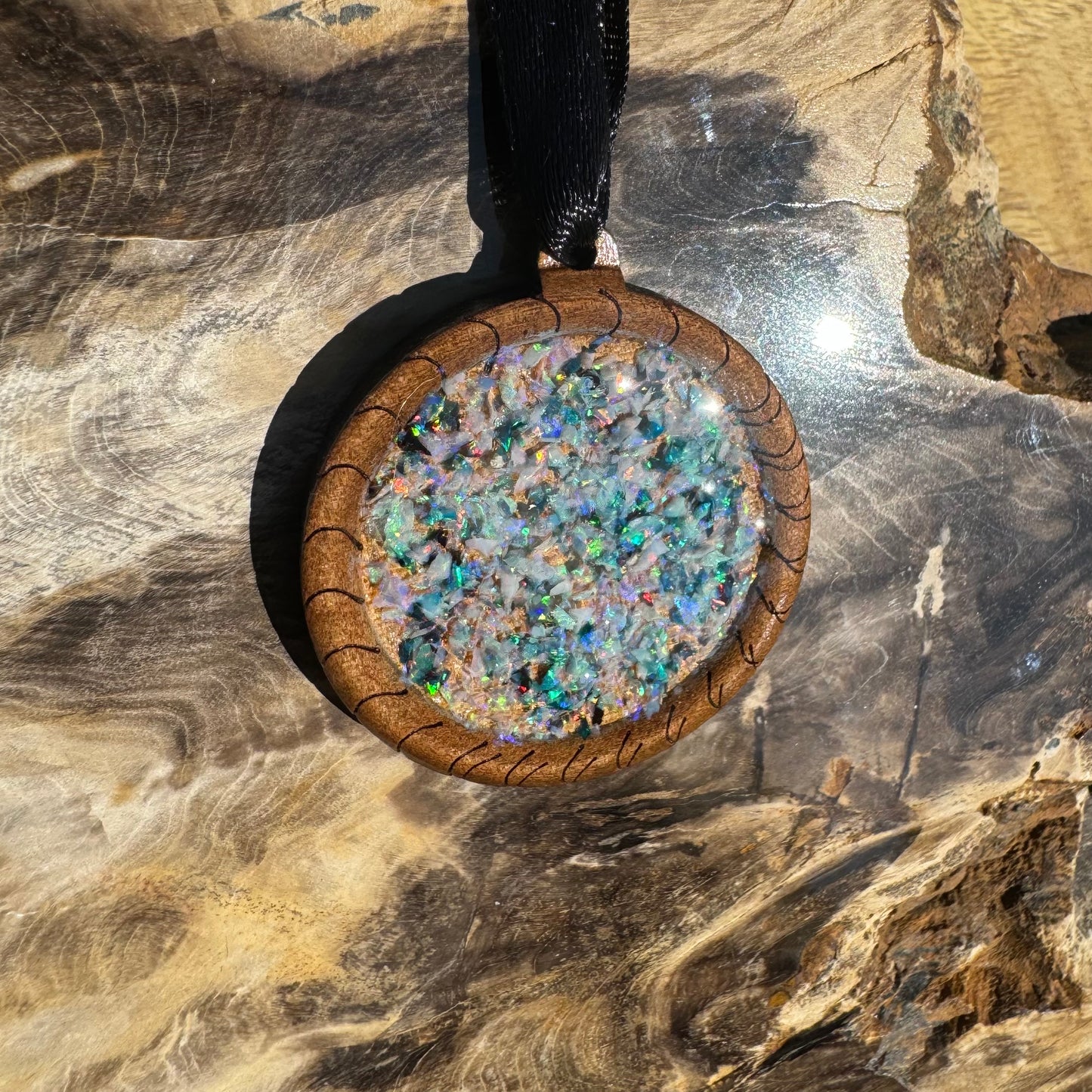 Coconut Wood and Australian Opal Chip Resin Inlay Pendant