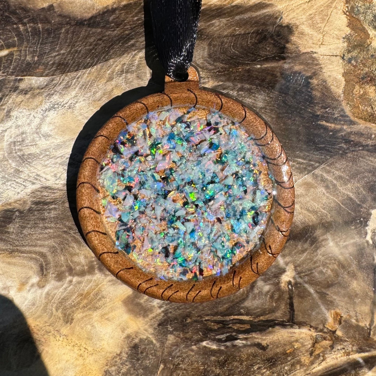 Coconut Wood and Australian Opal Chip Resin Inlay Pendant