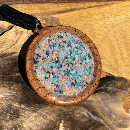 Coconut Wood and Australian Opal Chip Resin Inlay Pendant