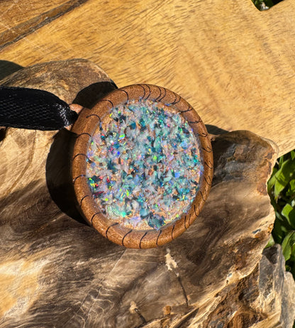 Coconut Wood and Australian Opal Chip Resin Inlay Pendant