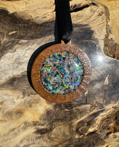 Coconut Wood and Australian Opal Chip Resin Inlay Pendant